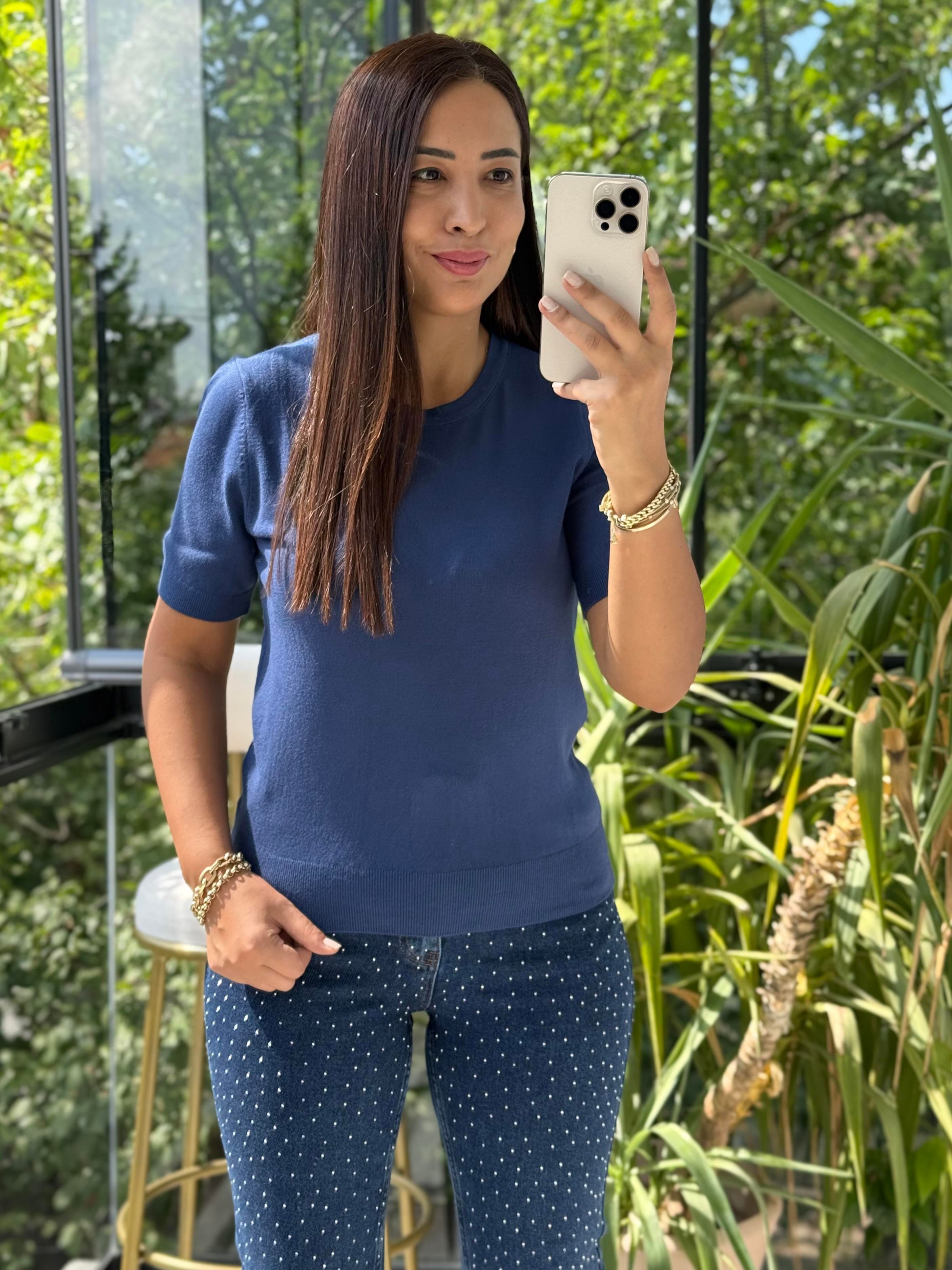 Bisiklet Yaka Kısa Kol Basic Triko Bluz İndigo Mavi