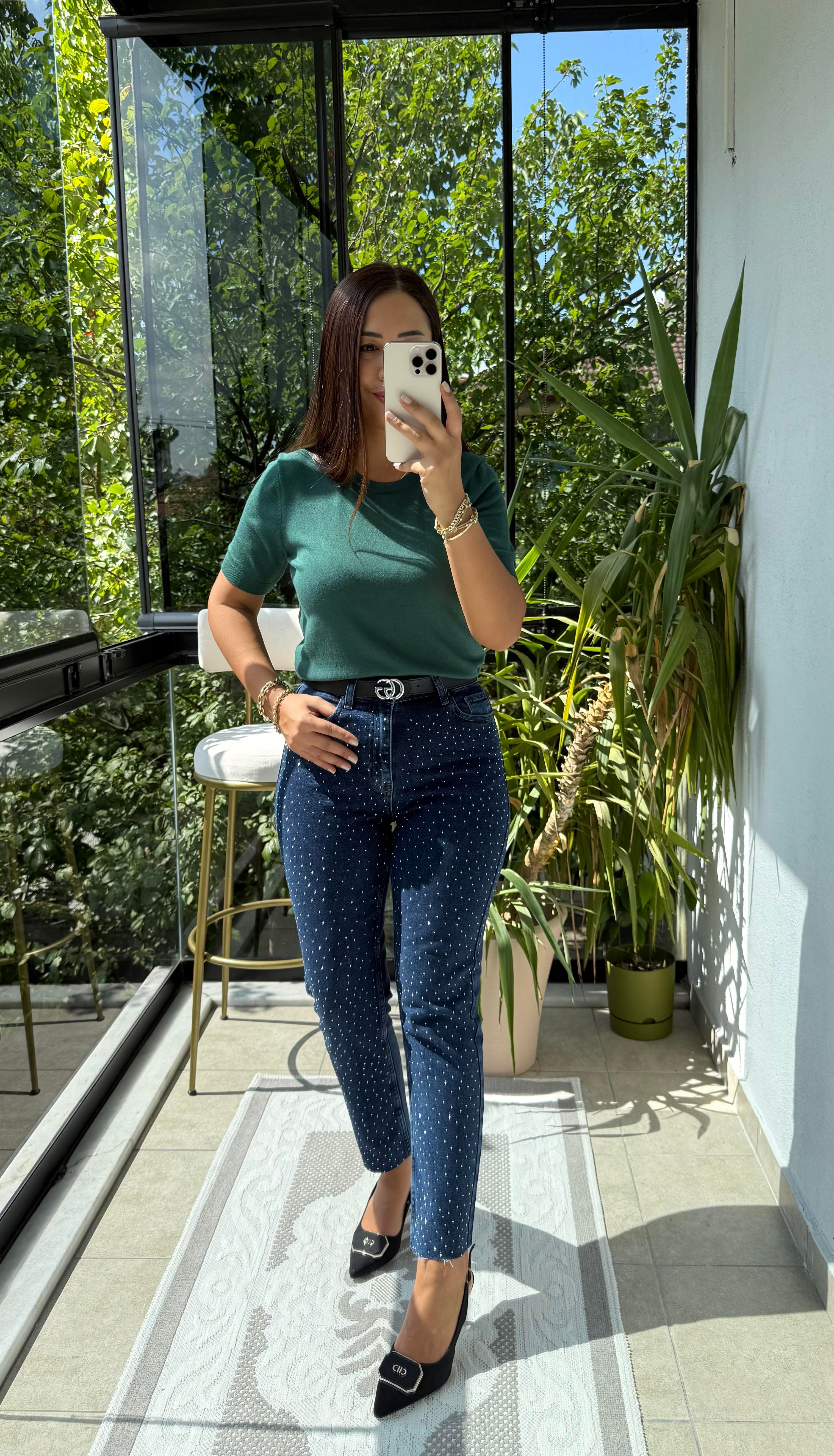 Bisiklet Yaka Kısa Kol Basic Triko Bluz Zümrüt