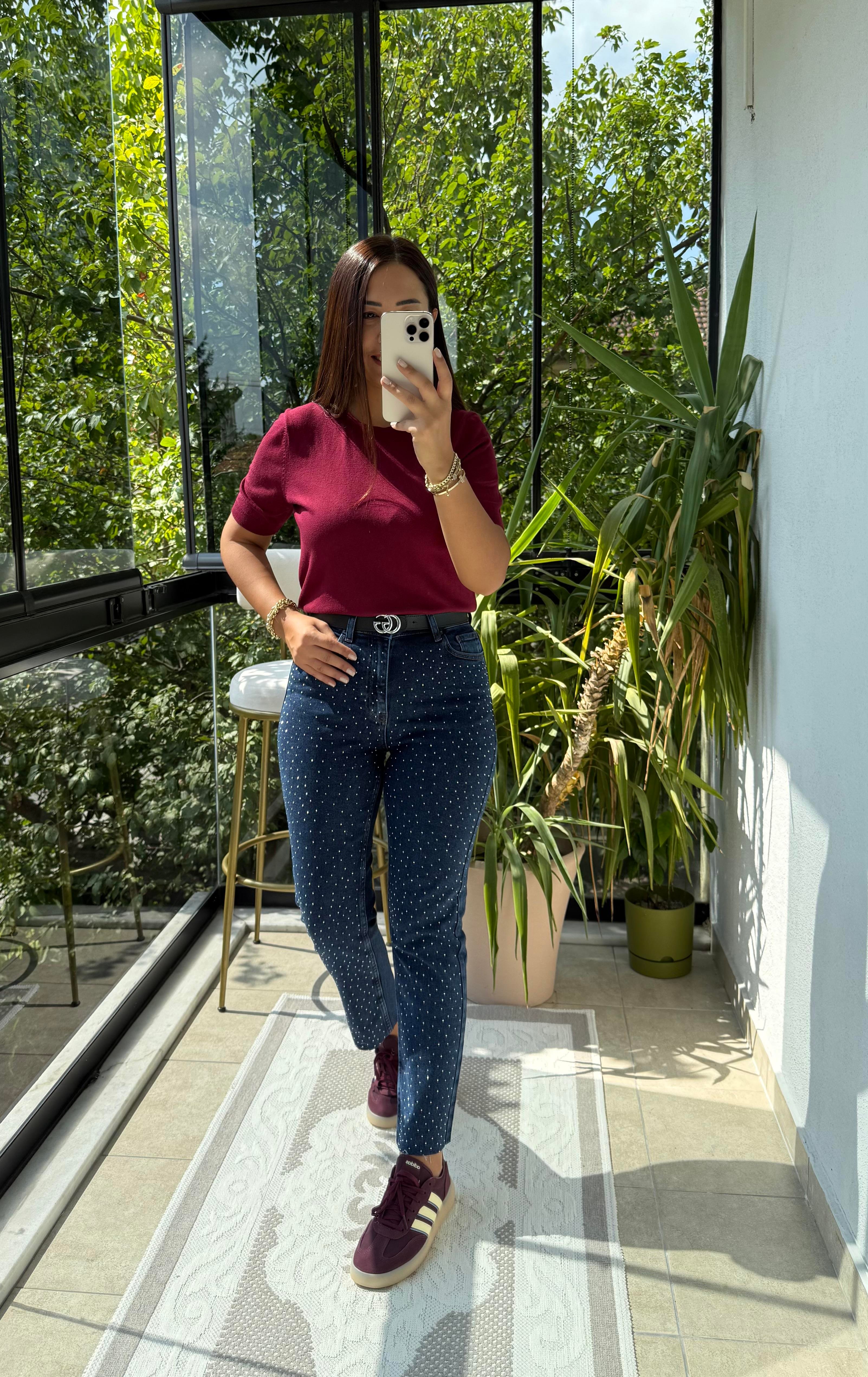 Bisiklet Yaka Kısa Kol Basic Triko Bluz Bordo