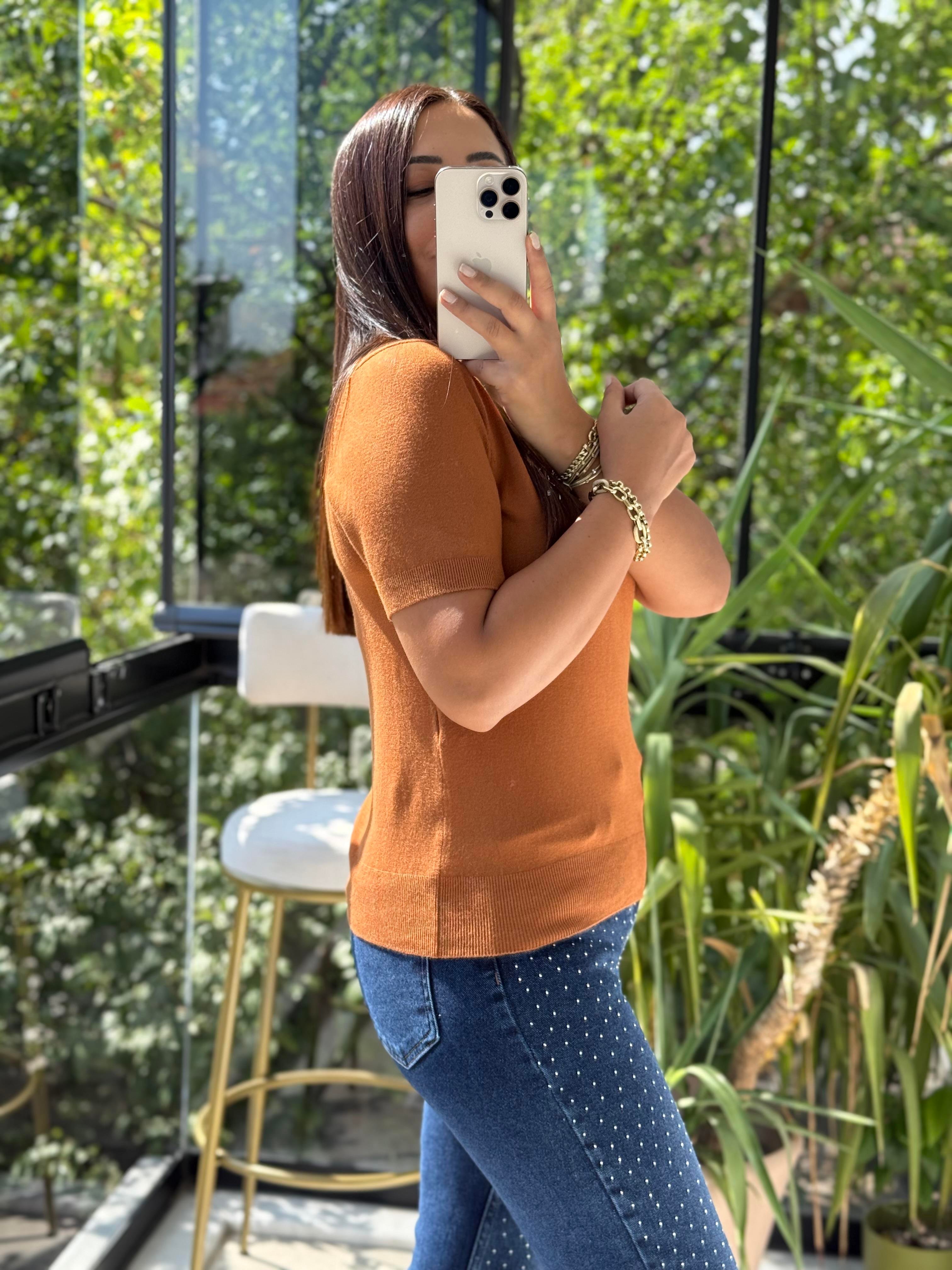 Bisiklet Yaka Kısa Kol Basic Triko Bluz Karamel