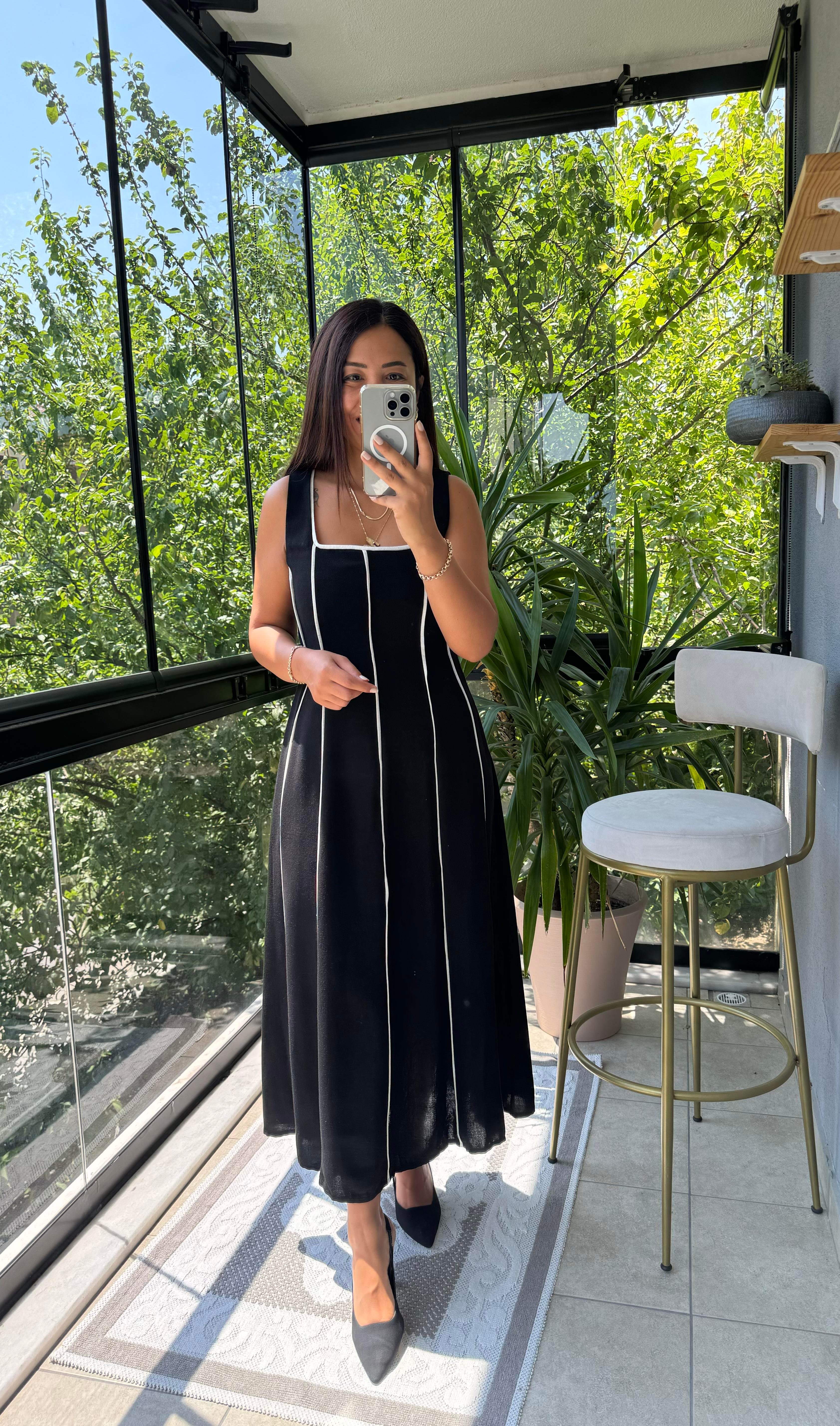 Biyeli Keten Elbise Siyah