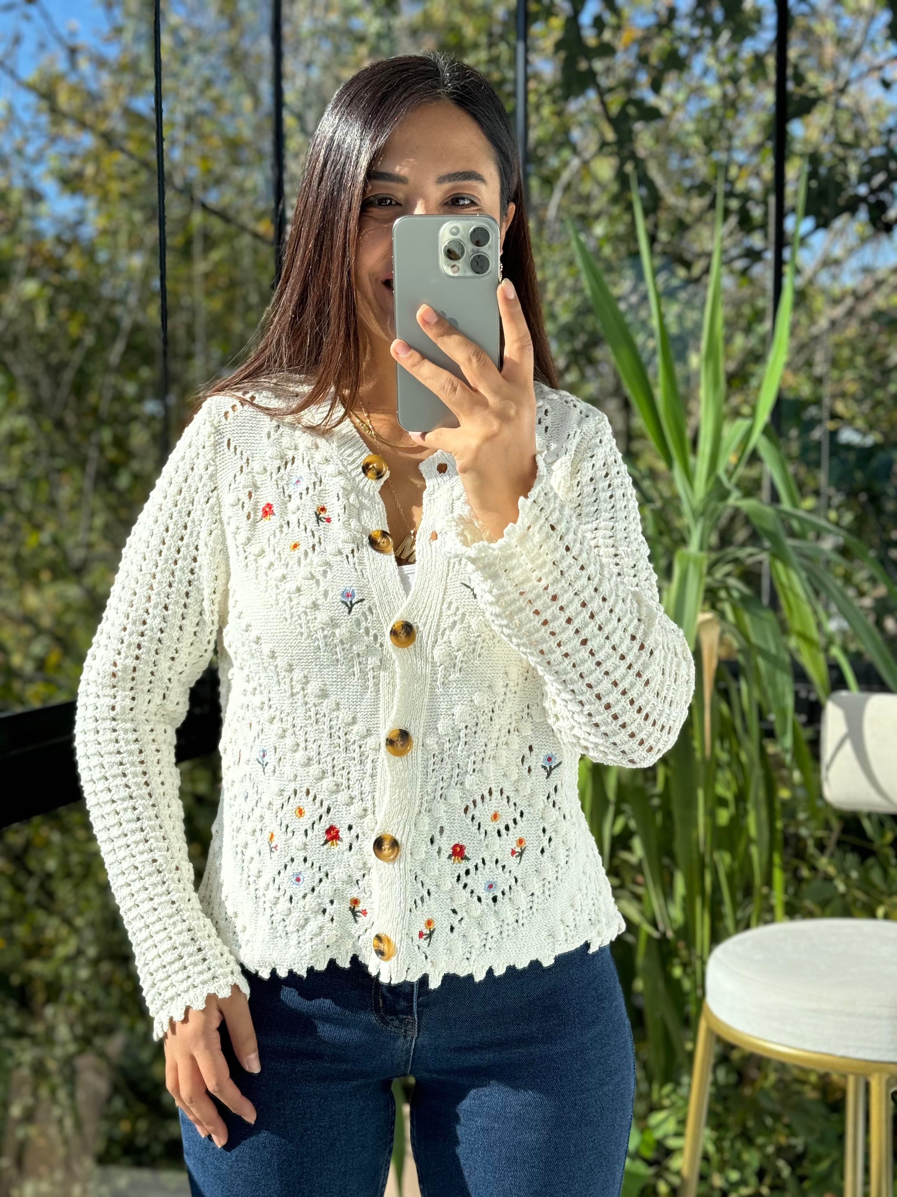 Çiçekli Örme Hırka Krem