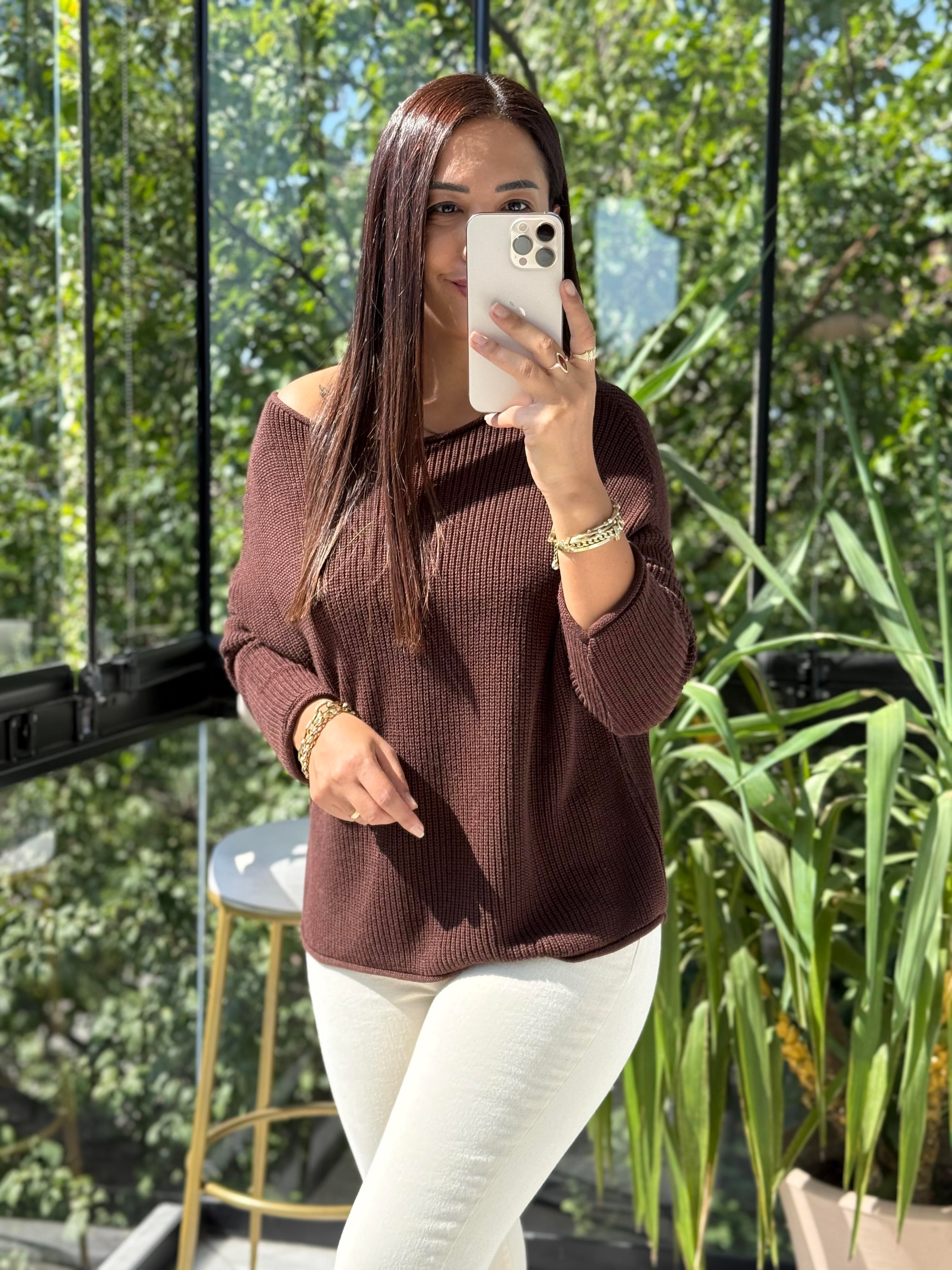 Dilvin Kayık Yaka Basic Triko Kazak Kahve