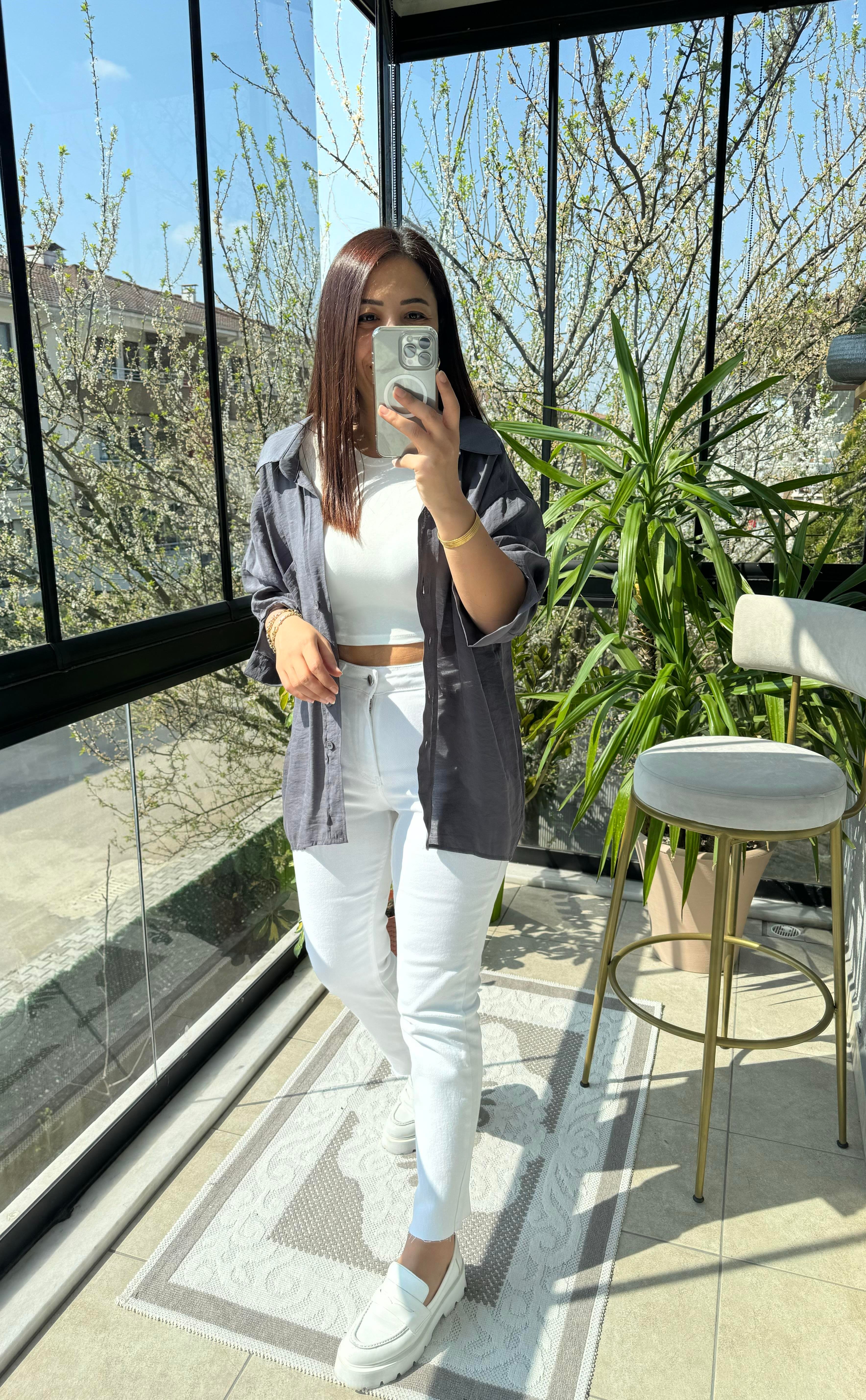 Düşük Omuz Basic Gömlek Gri