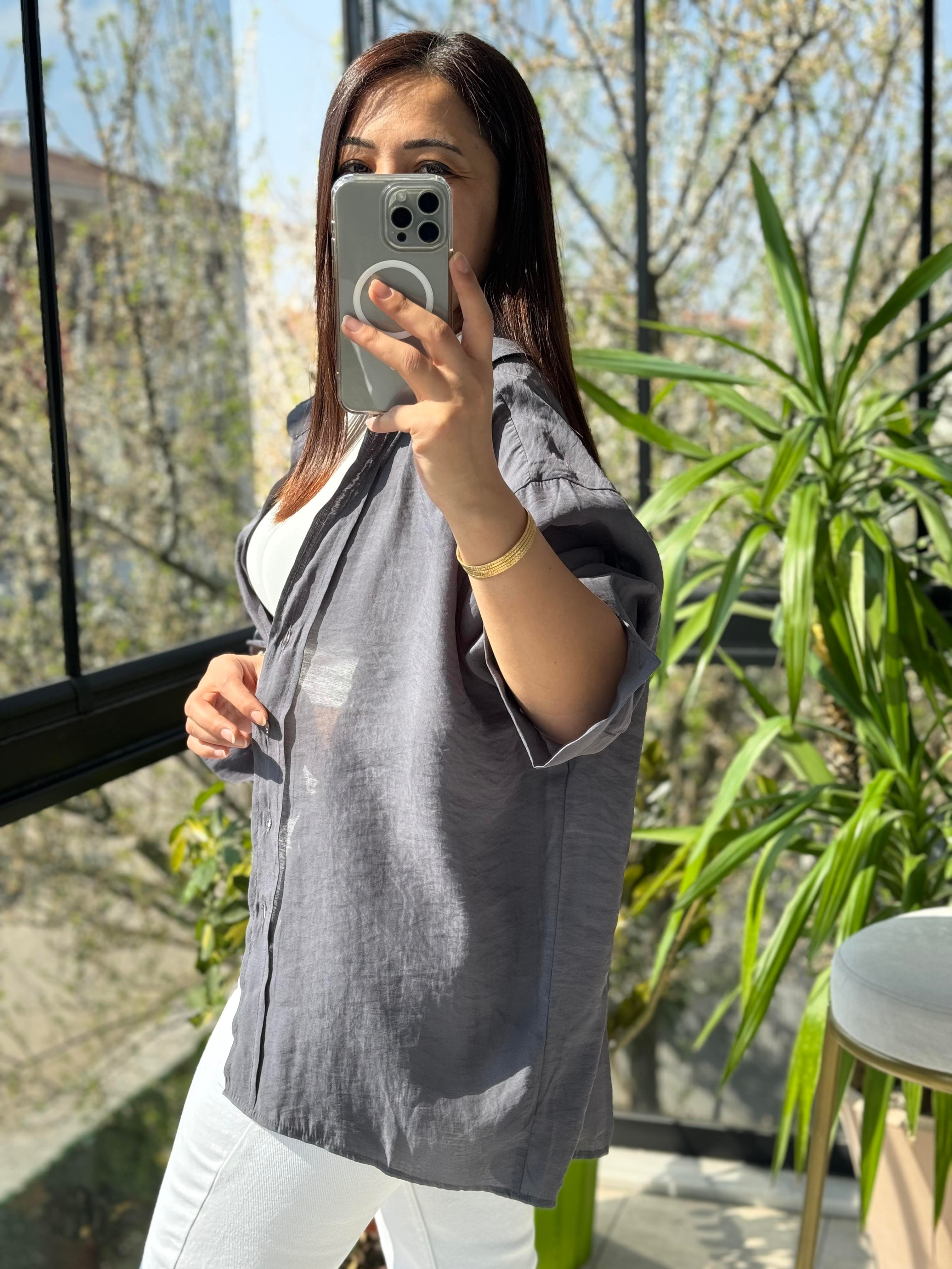 Düşük Omuz Basic Gömlek Gri