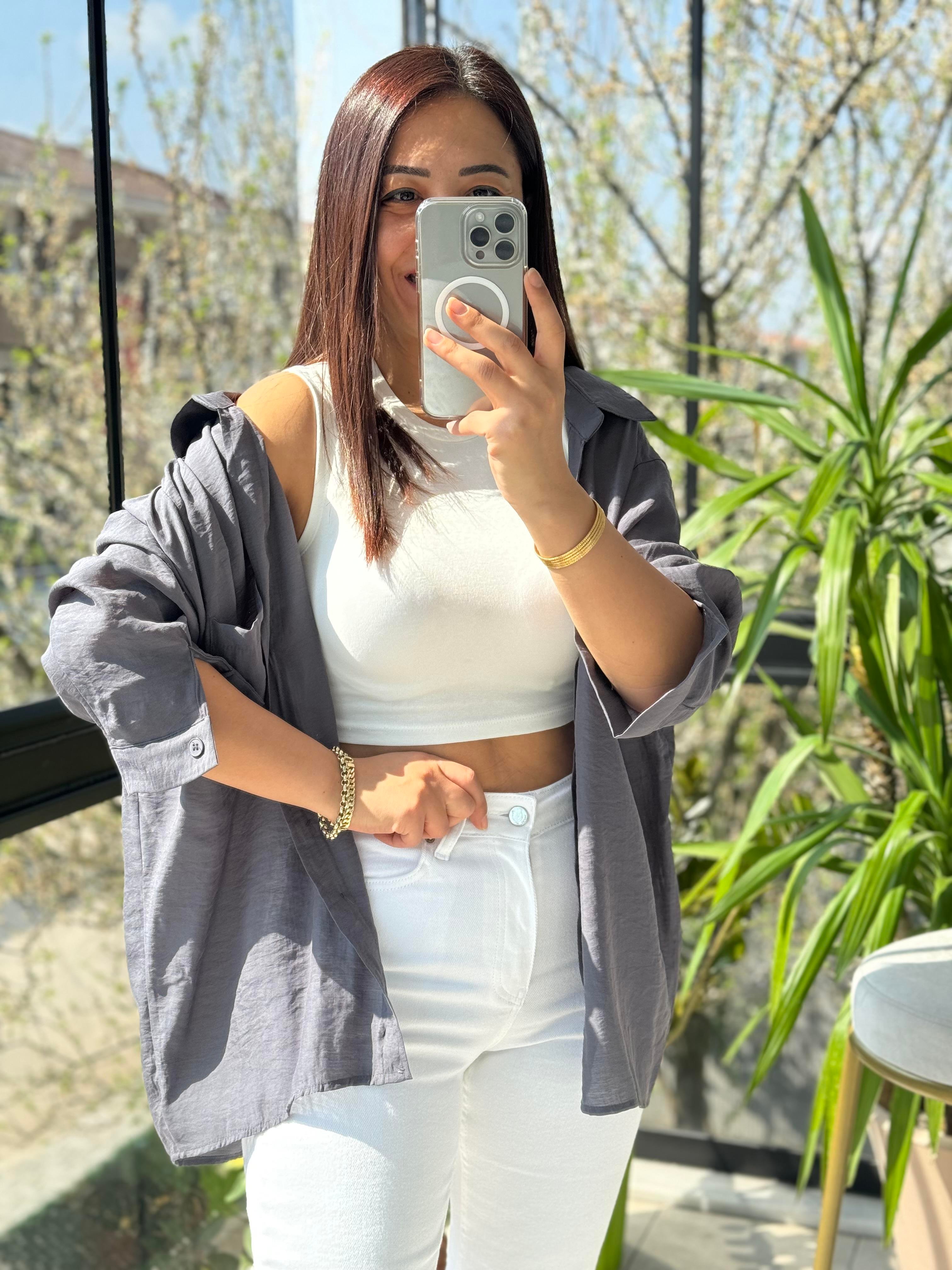 Düşük Omuz Basic Gömlek Gri