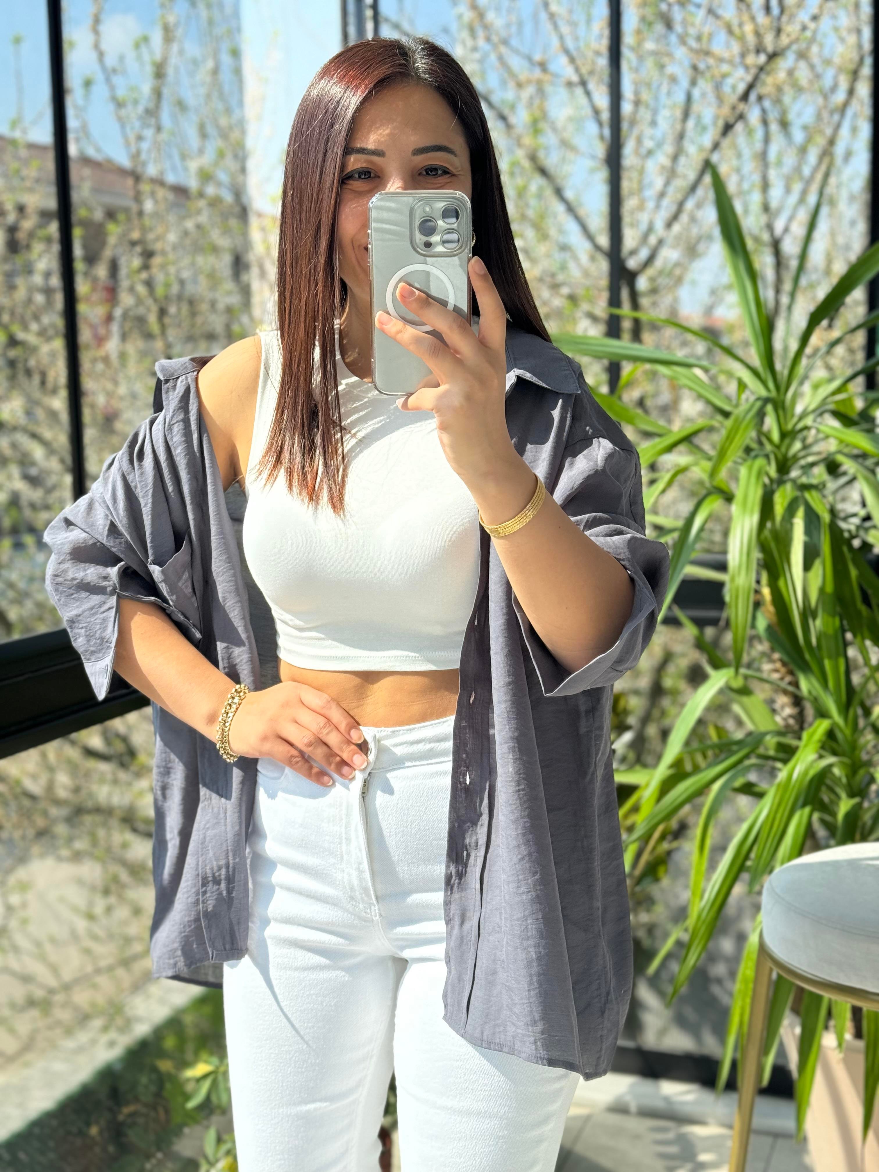 Düşük Omuz Basic Gömlek Gri