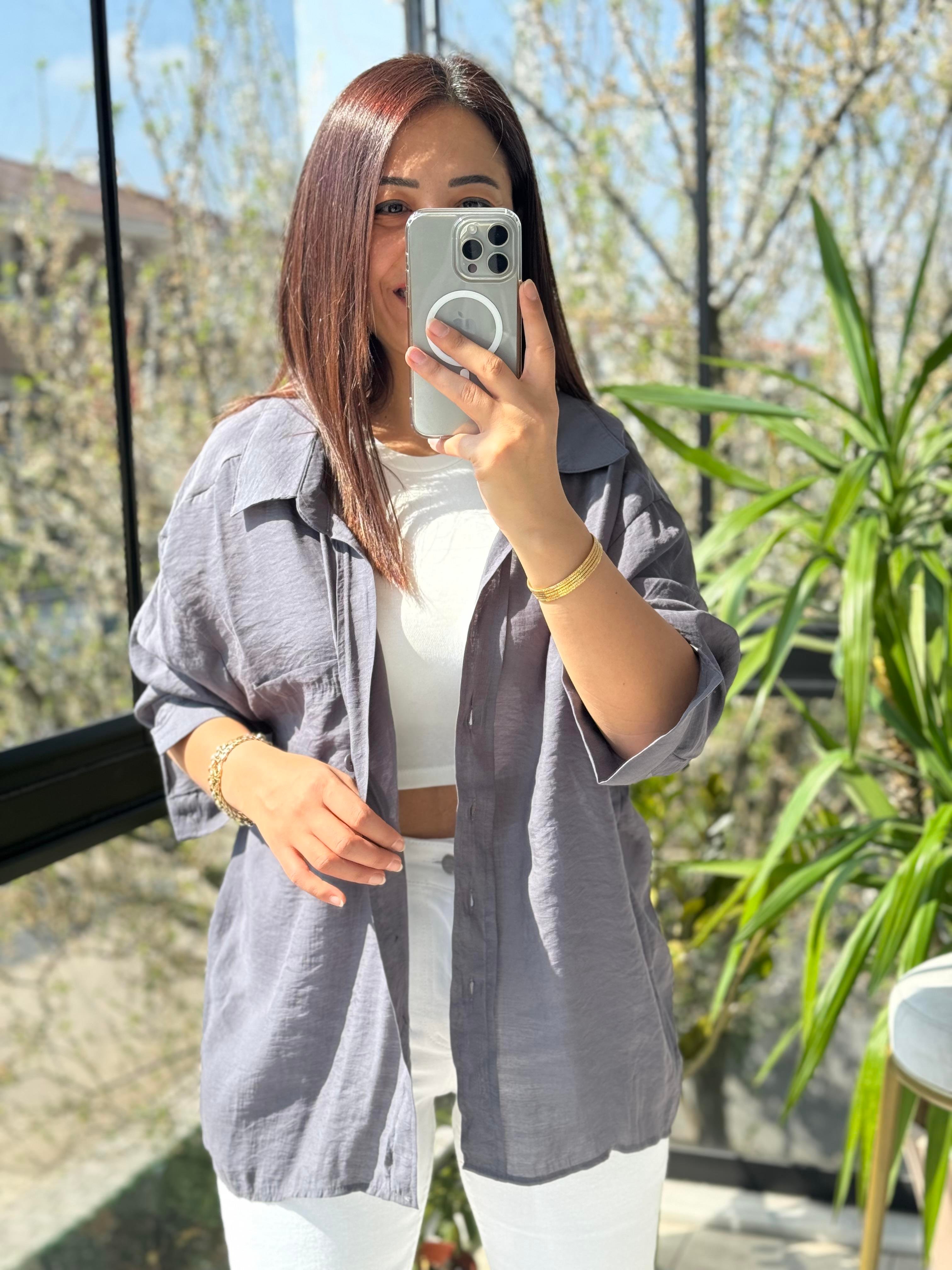 Düşük Omuz Basic Gömlek Gri