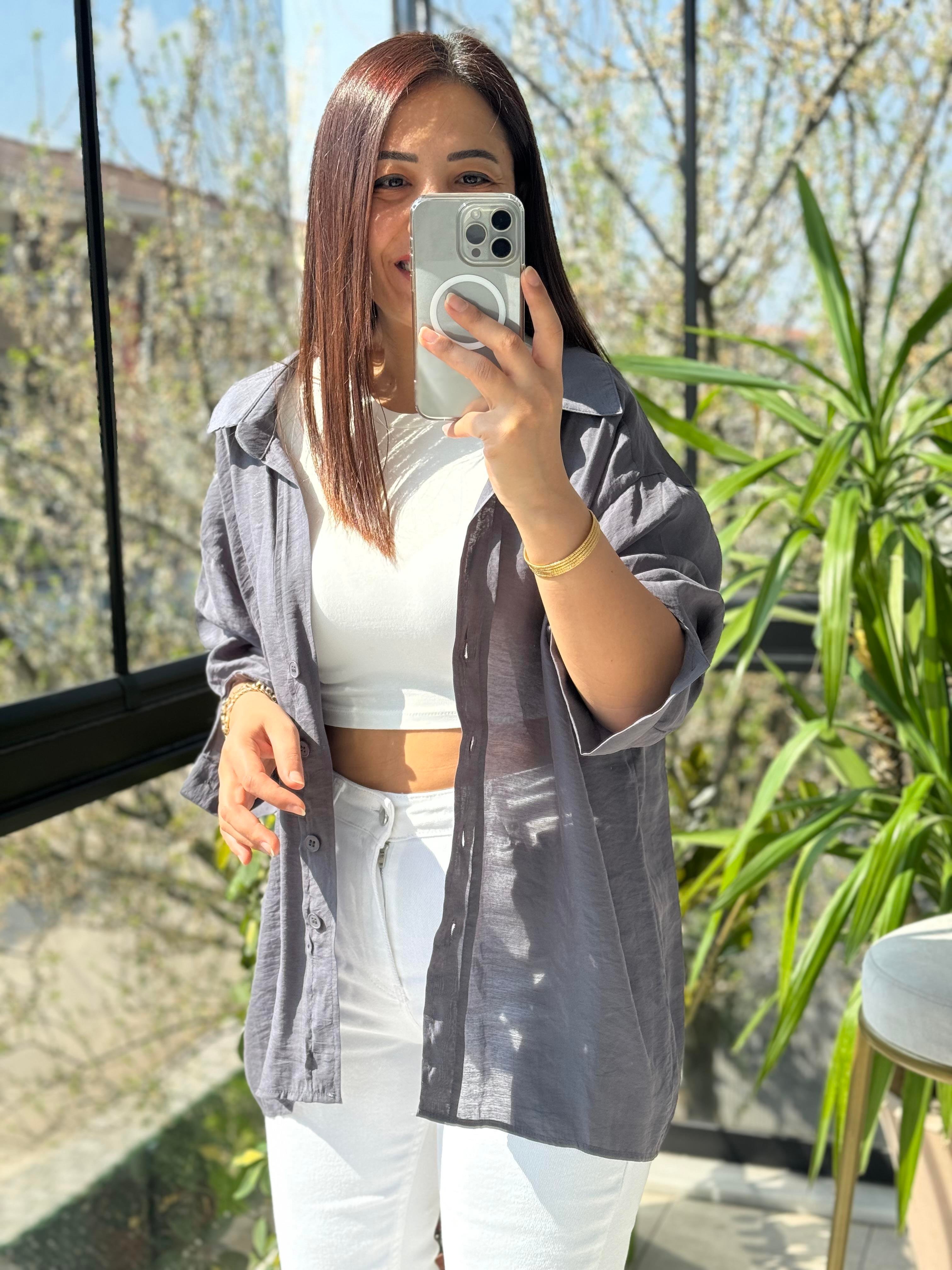 Düşük Omuz Basic Gömlek Gri