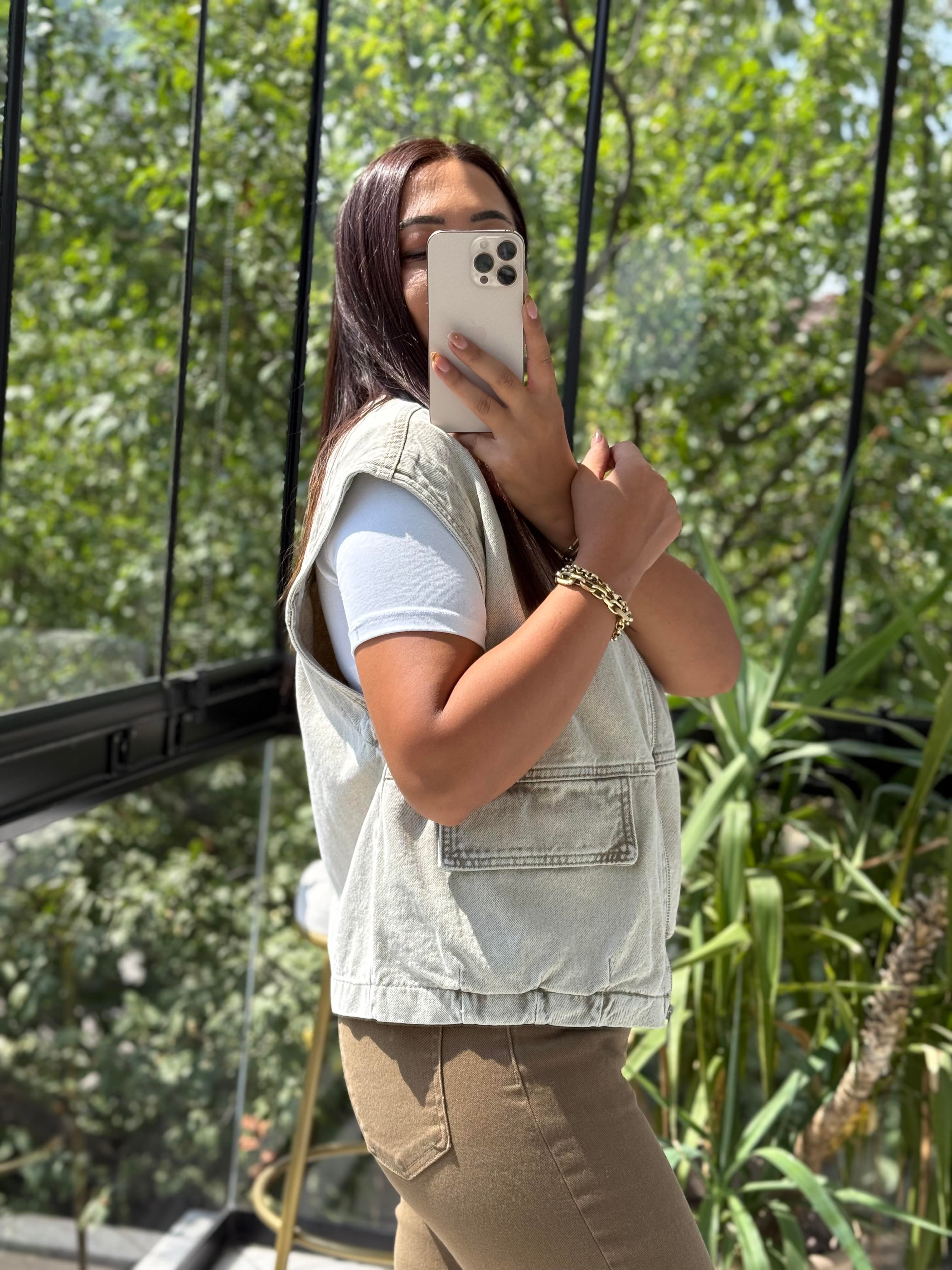 Fermuarlı Oversize Yelek Bej