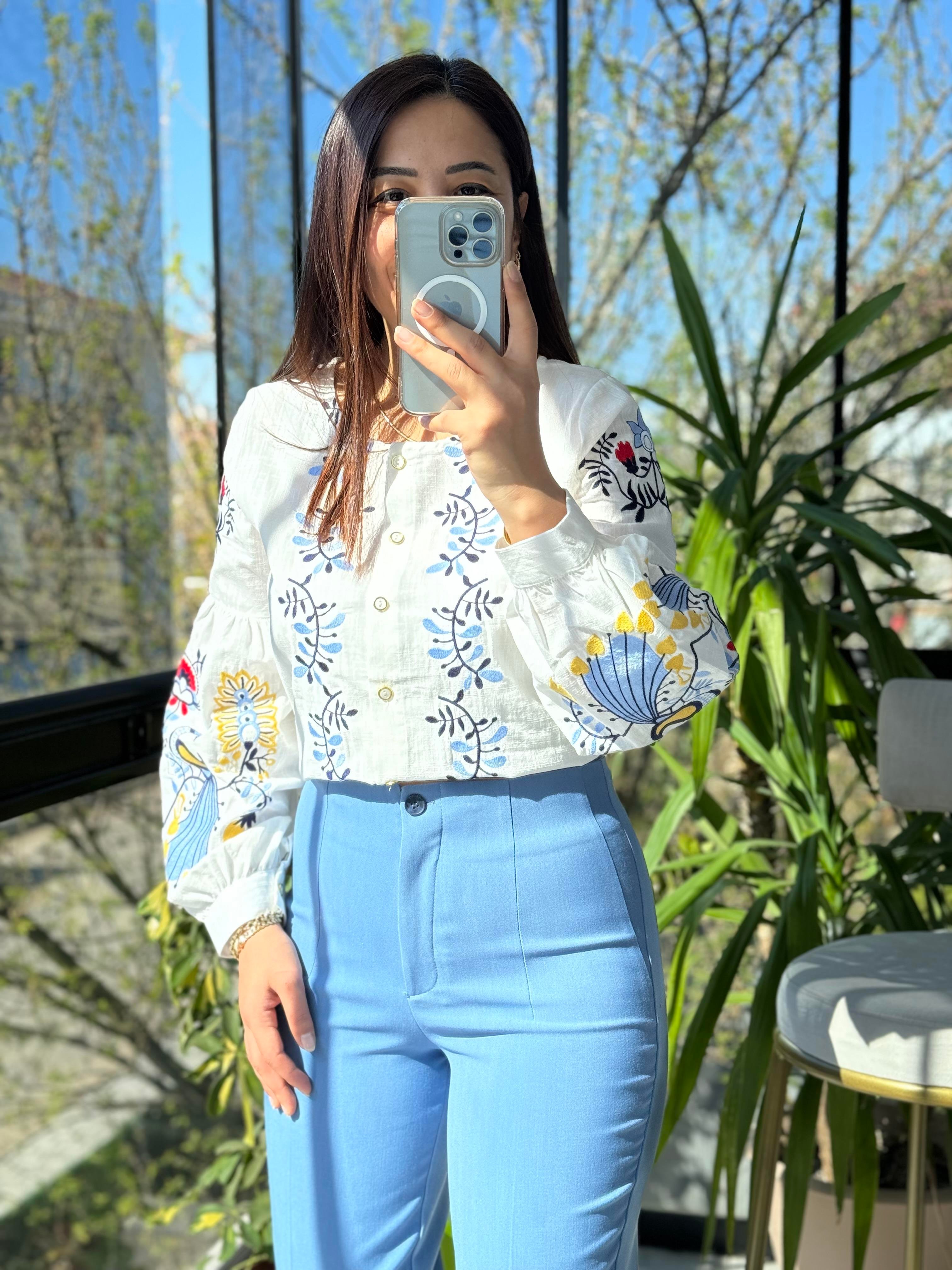 İşlemeli Nakışlı Gömlek Bebe Mavi