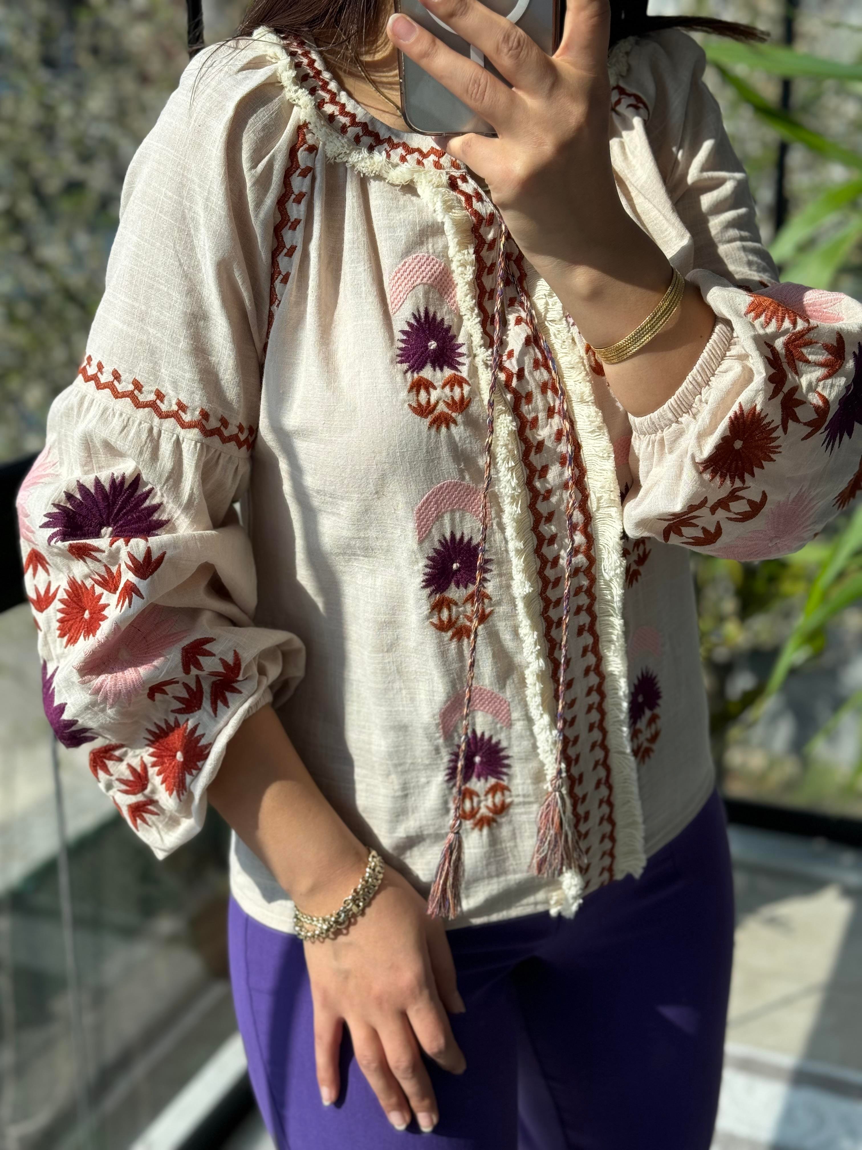 İşlemeli Nakışlı Gömlek Mor