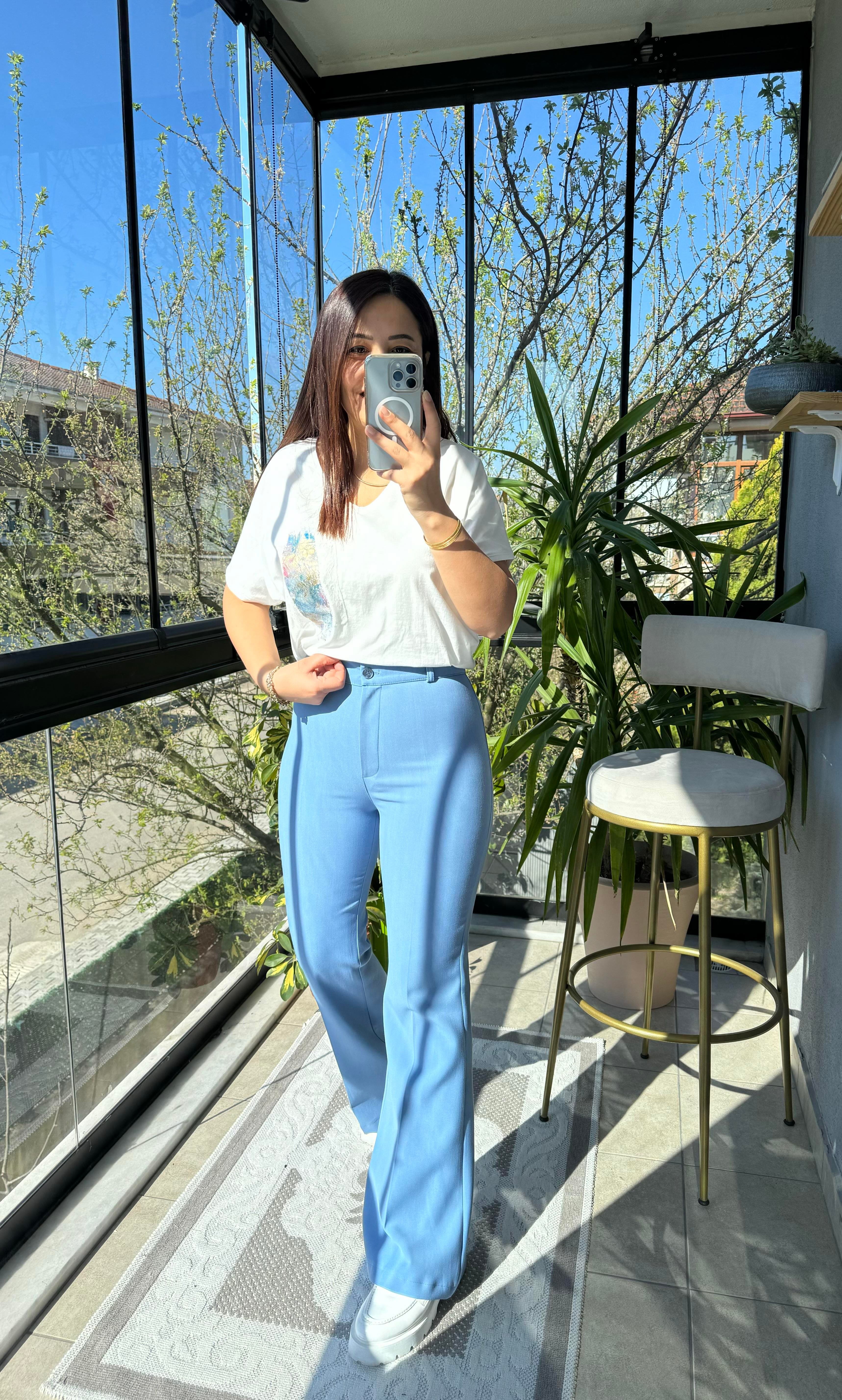 İspanyol Kumaş Pantolon Aqua Mavi