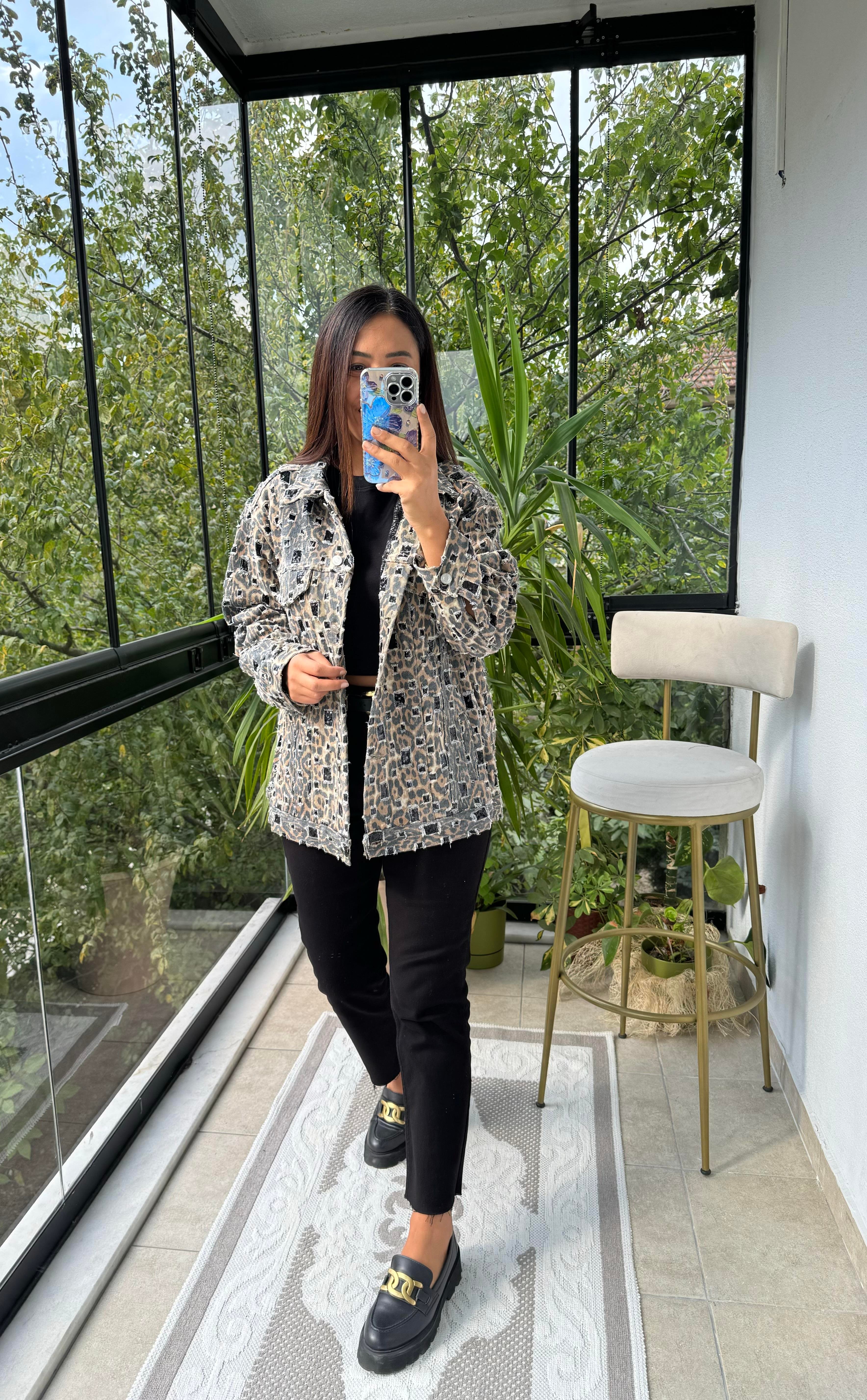 İthal Leopar Kot Ceket Camel