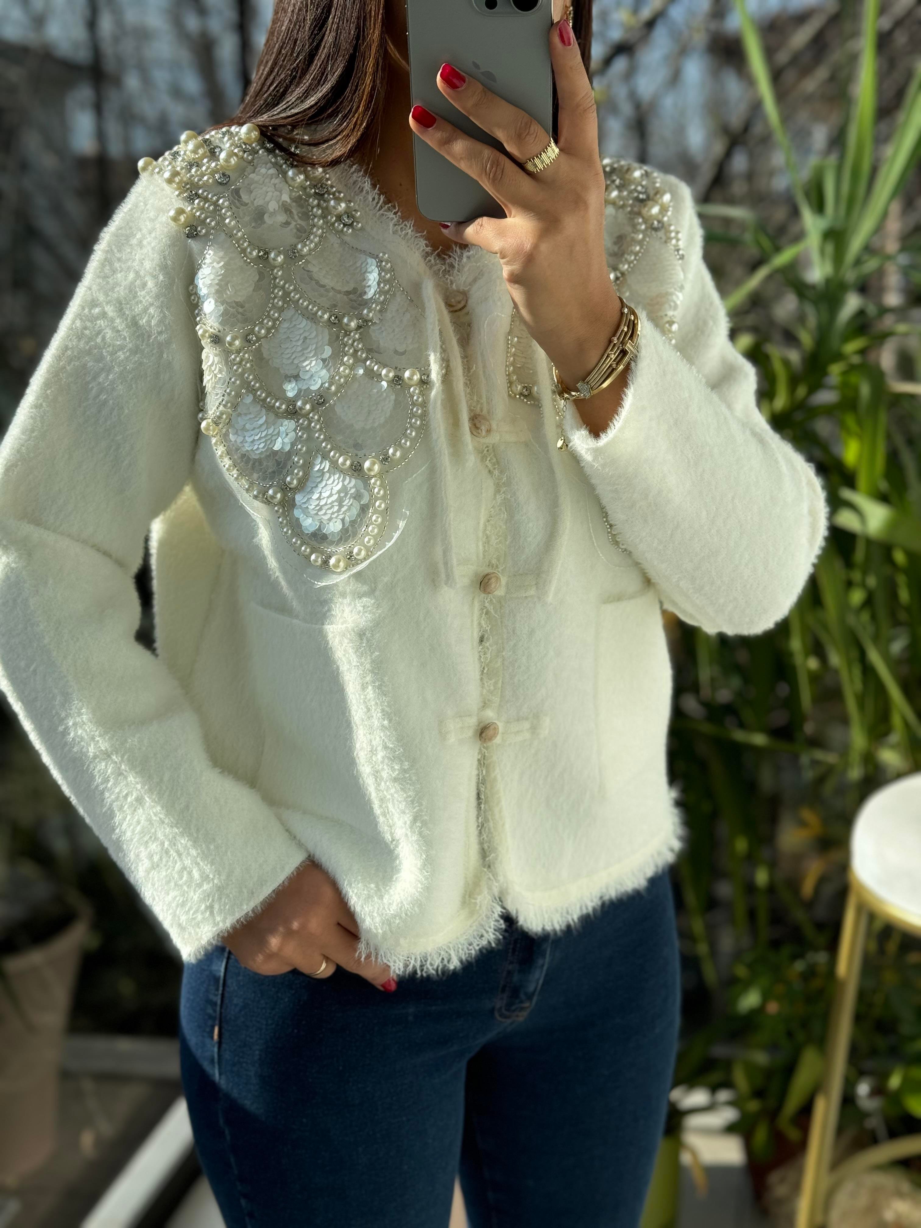 İthal Omzu Payetli Hırka Ceket Ekru