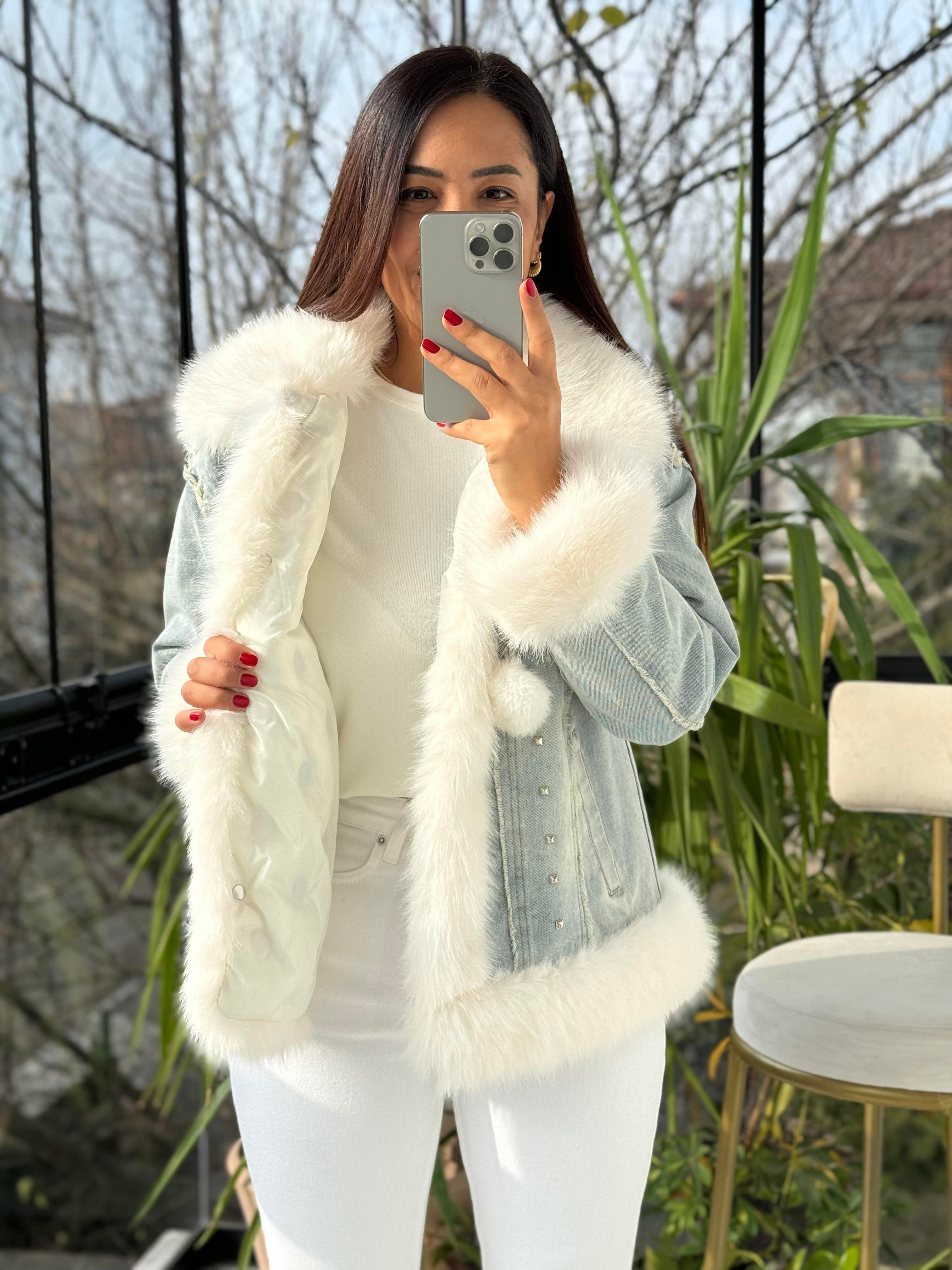 İthal Ponponlu Kürklü Kot Mont Mavi