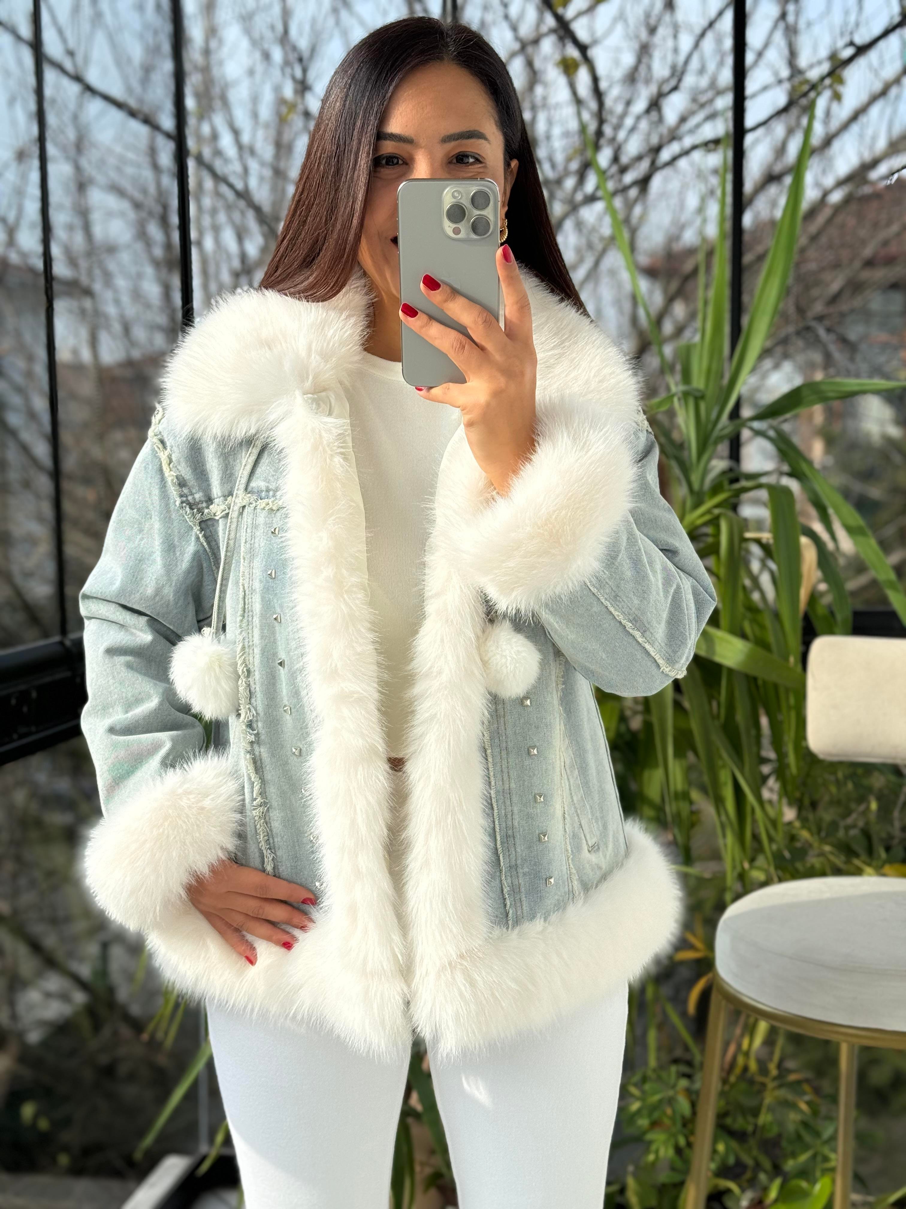 İthal Ponponlu Kürklü Kot Mont Mavi