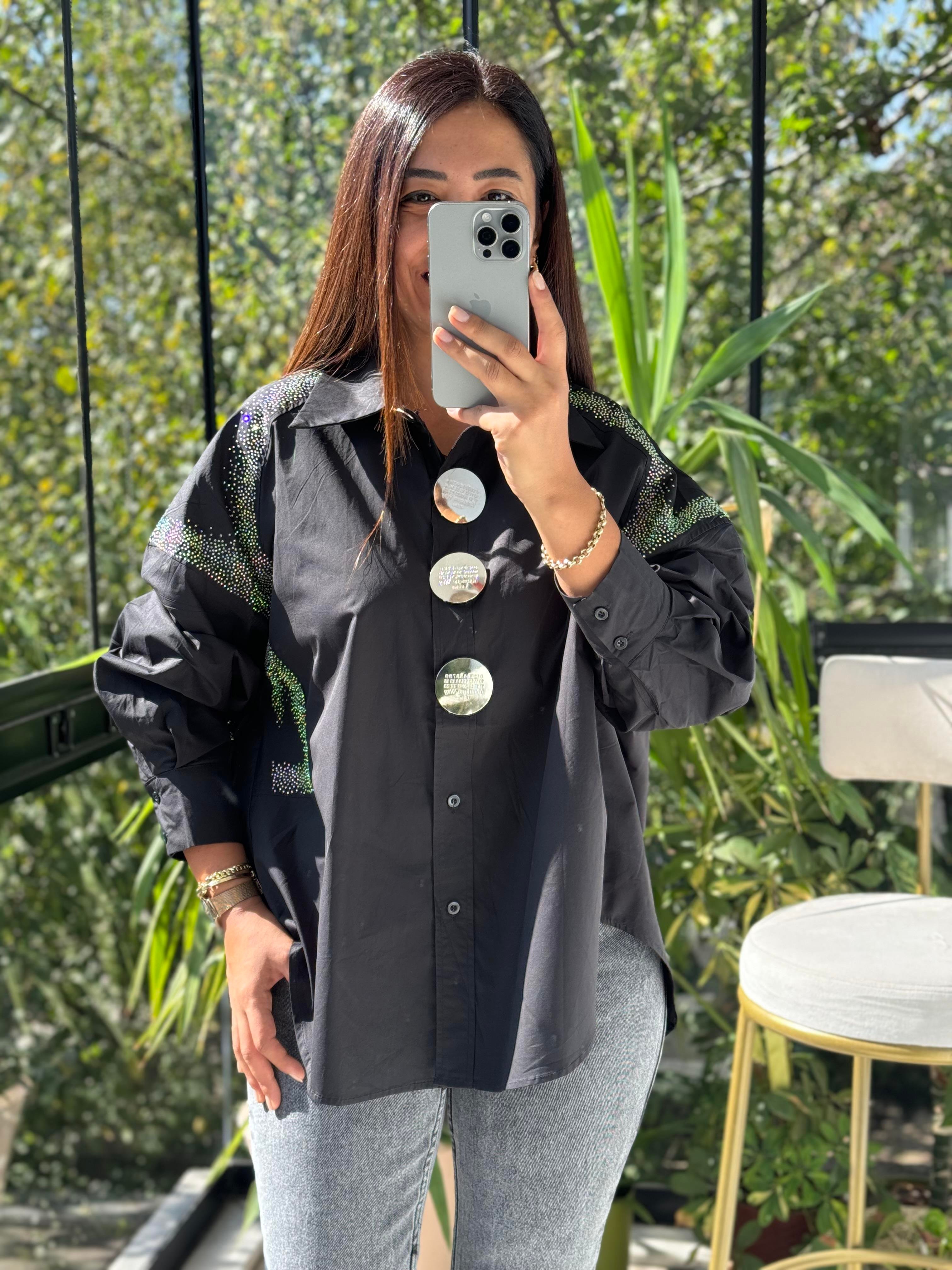 İthal Pullu Broş Detaylı Gömlek Siyah