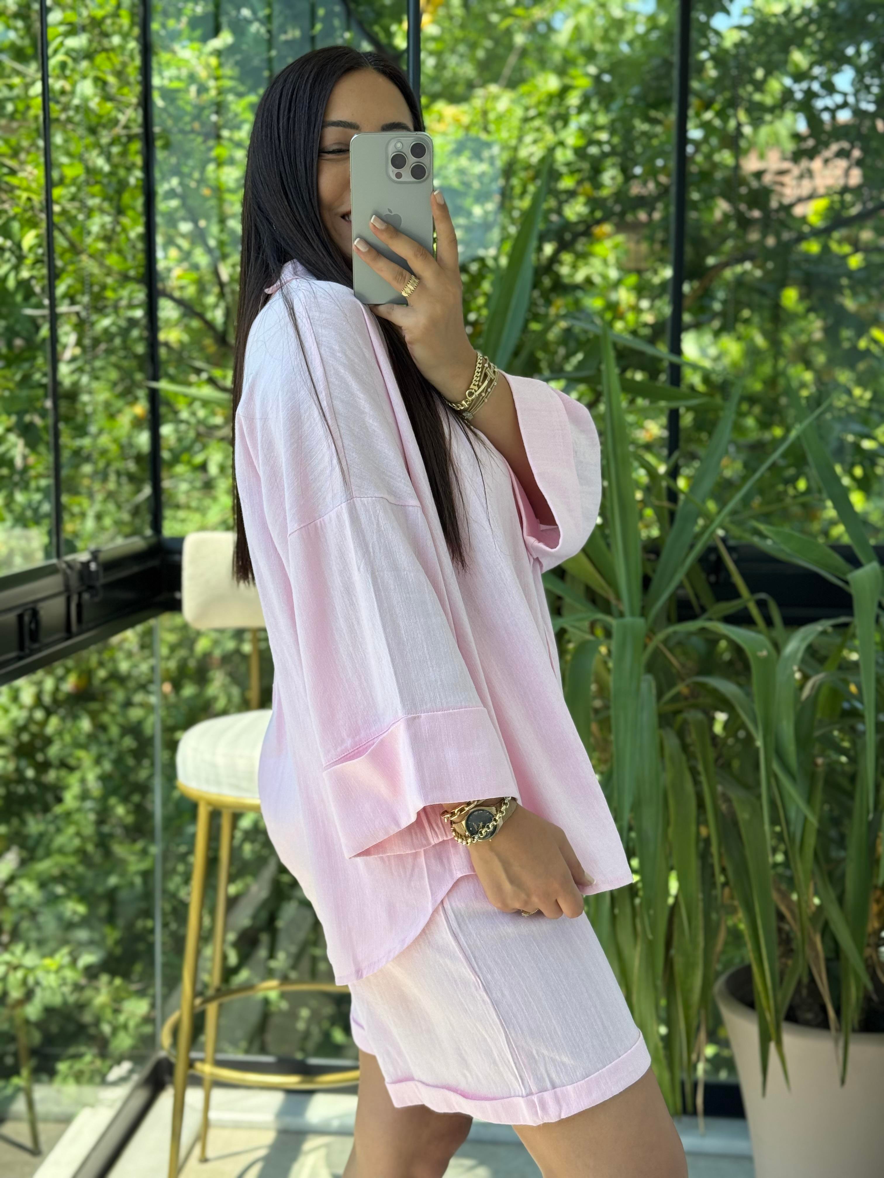 Keten Şortlu Takım Pembe