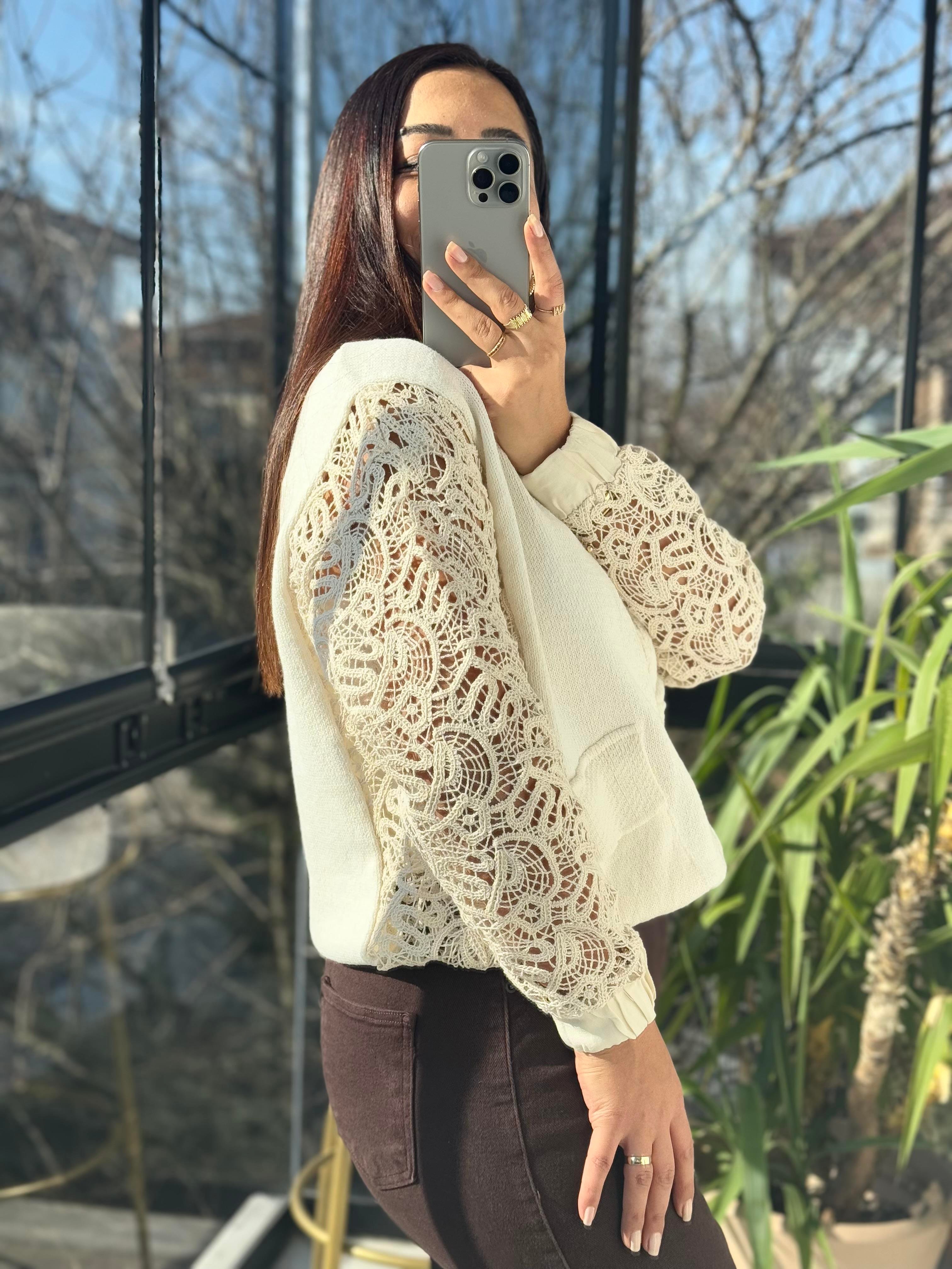 Kolları Dantel Örme Hırka Krem