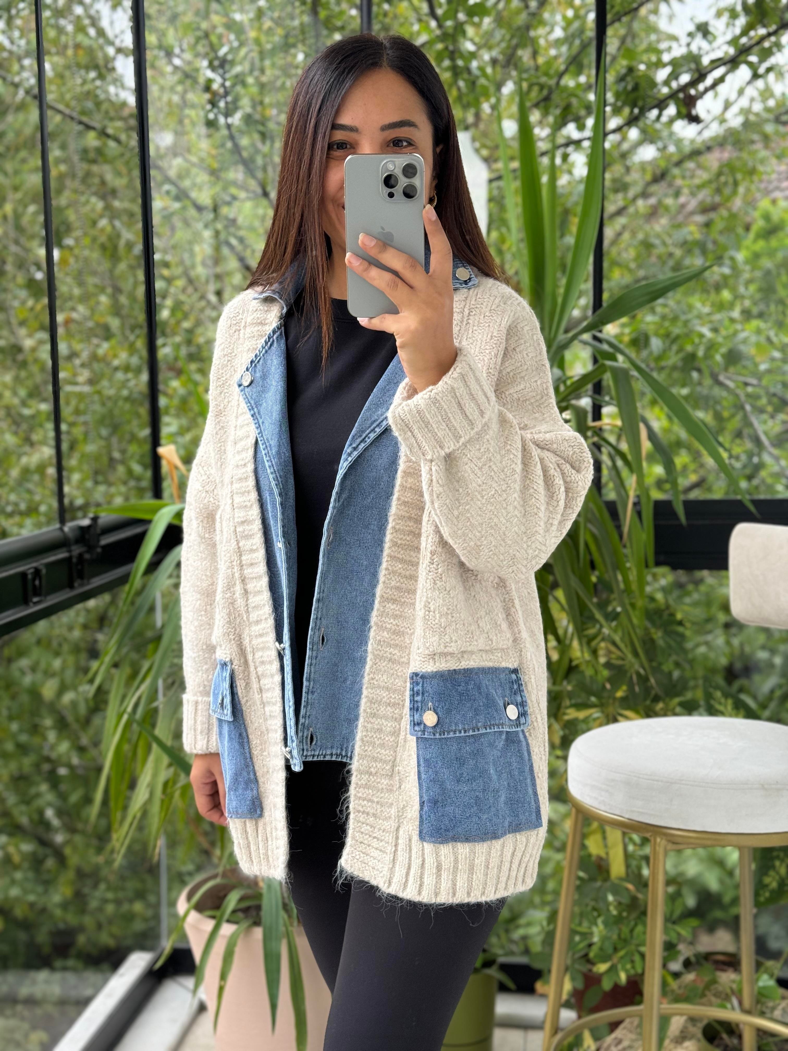 Kot Detay Örme Hırka Krem