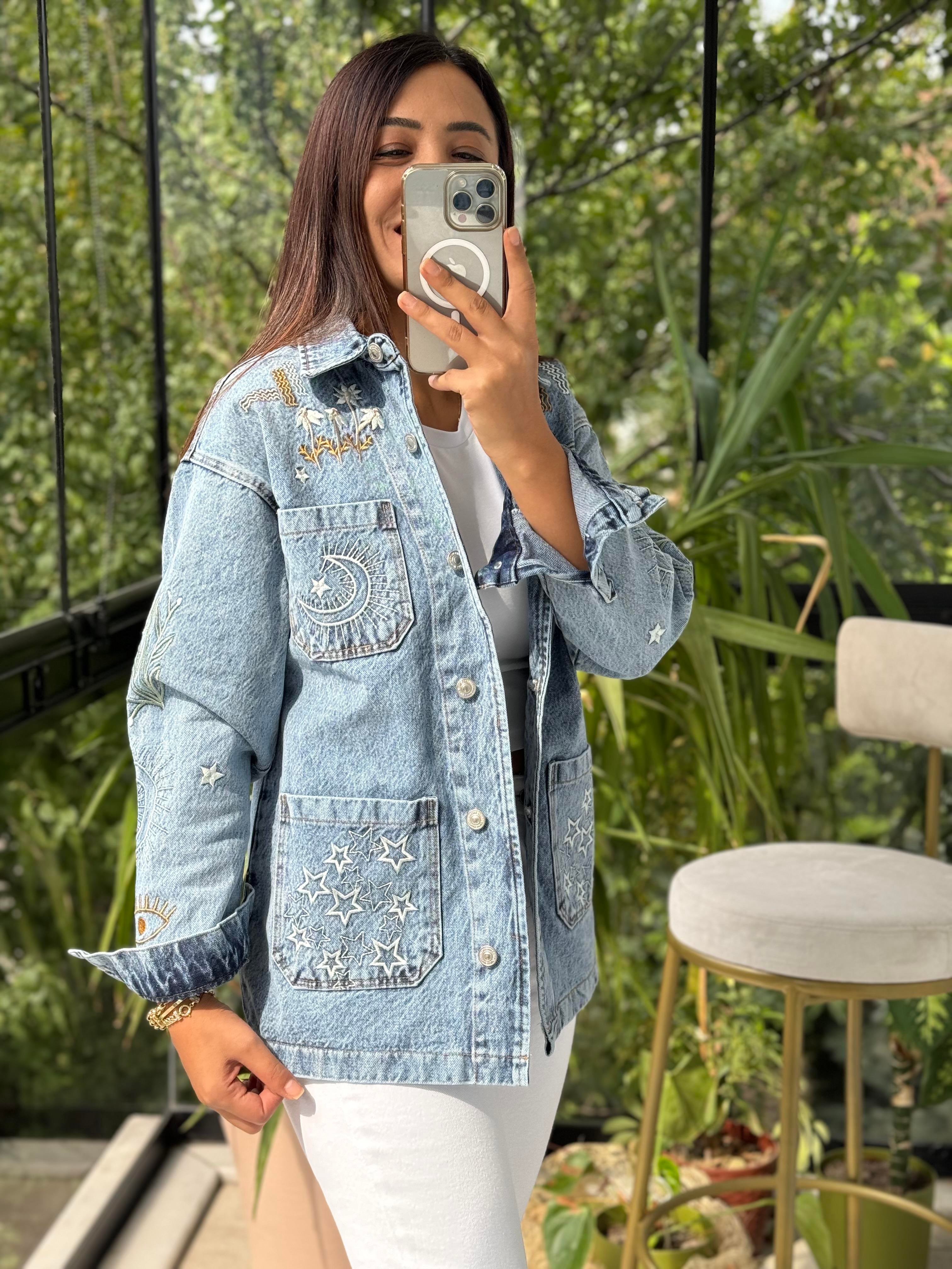 Nakışlı Worker Ceket Açık Mavi