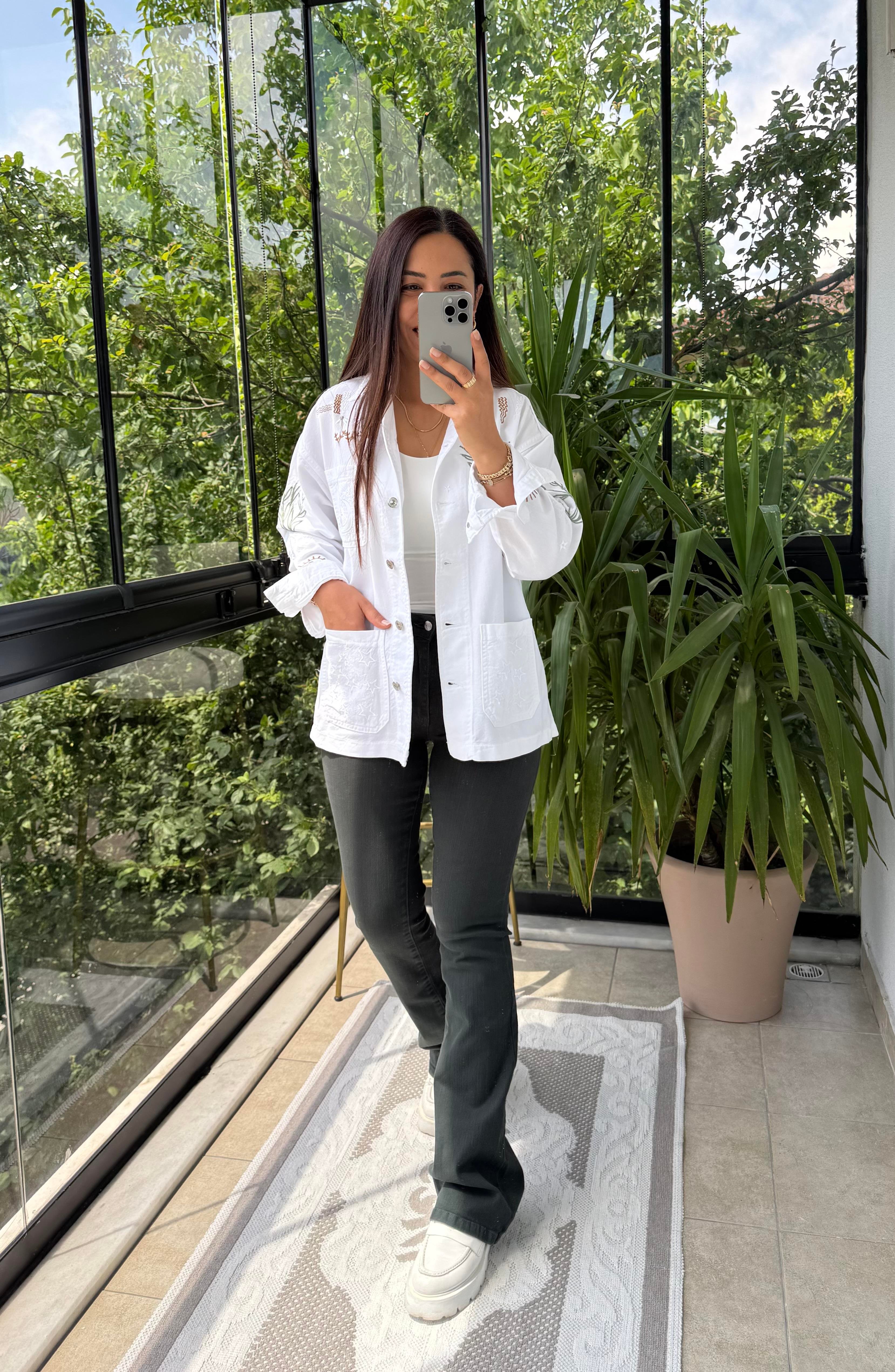 Nakışlı Worker Ceket Krem