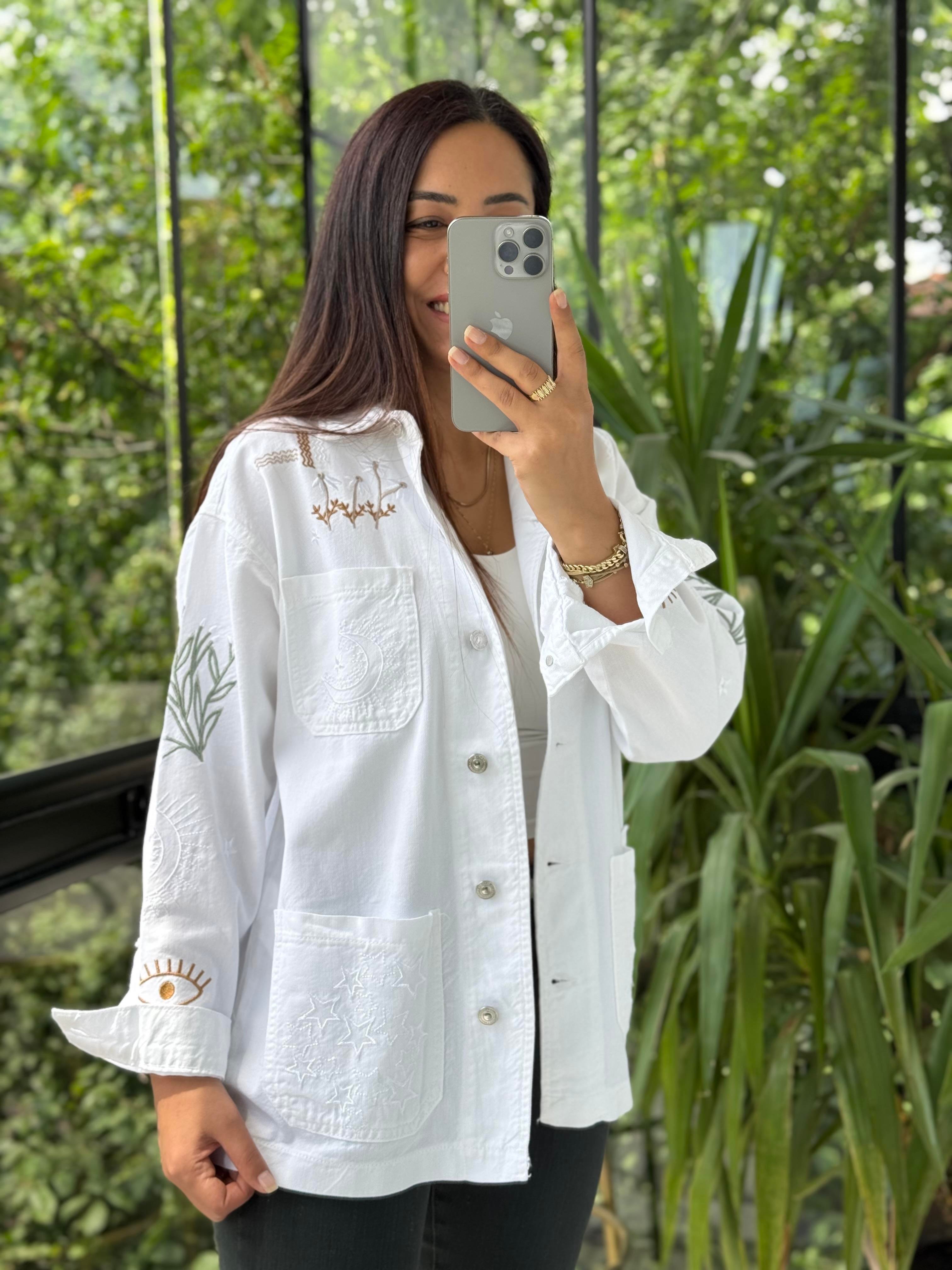 Nakışlı Worker Ceket Krem