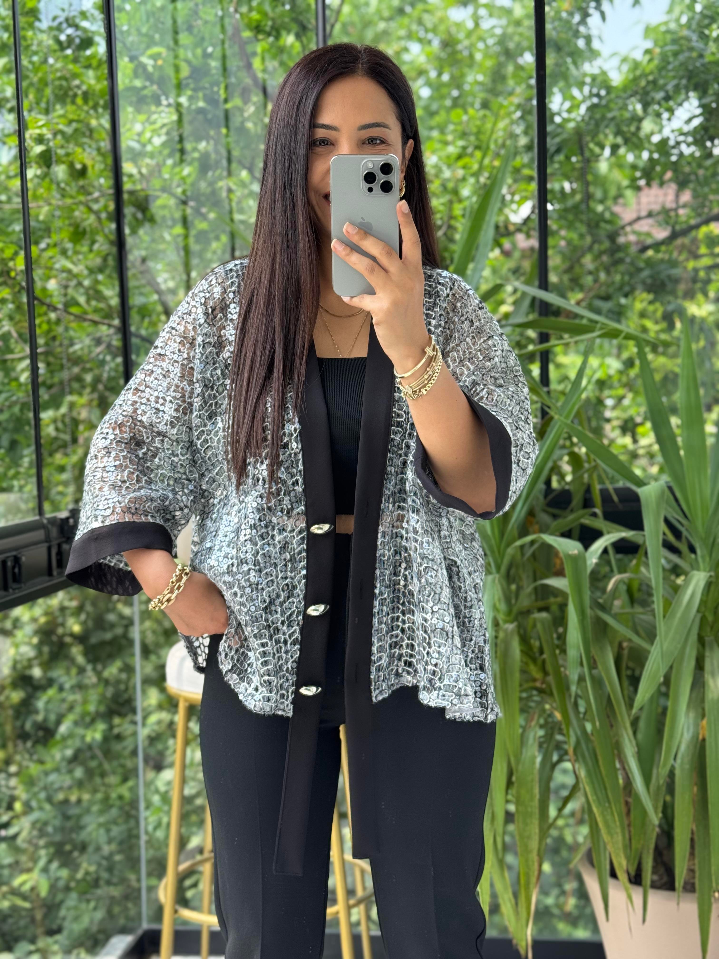 Payetli Premium Ceket Gümüş