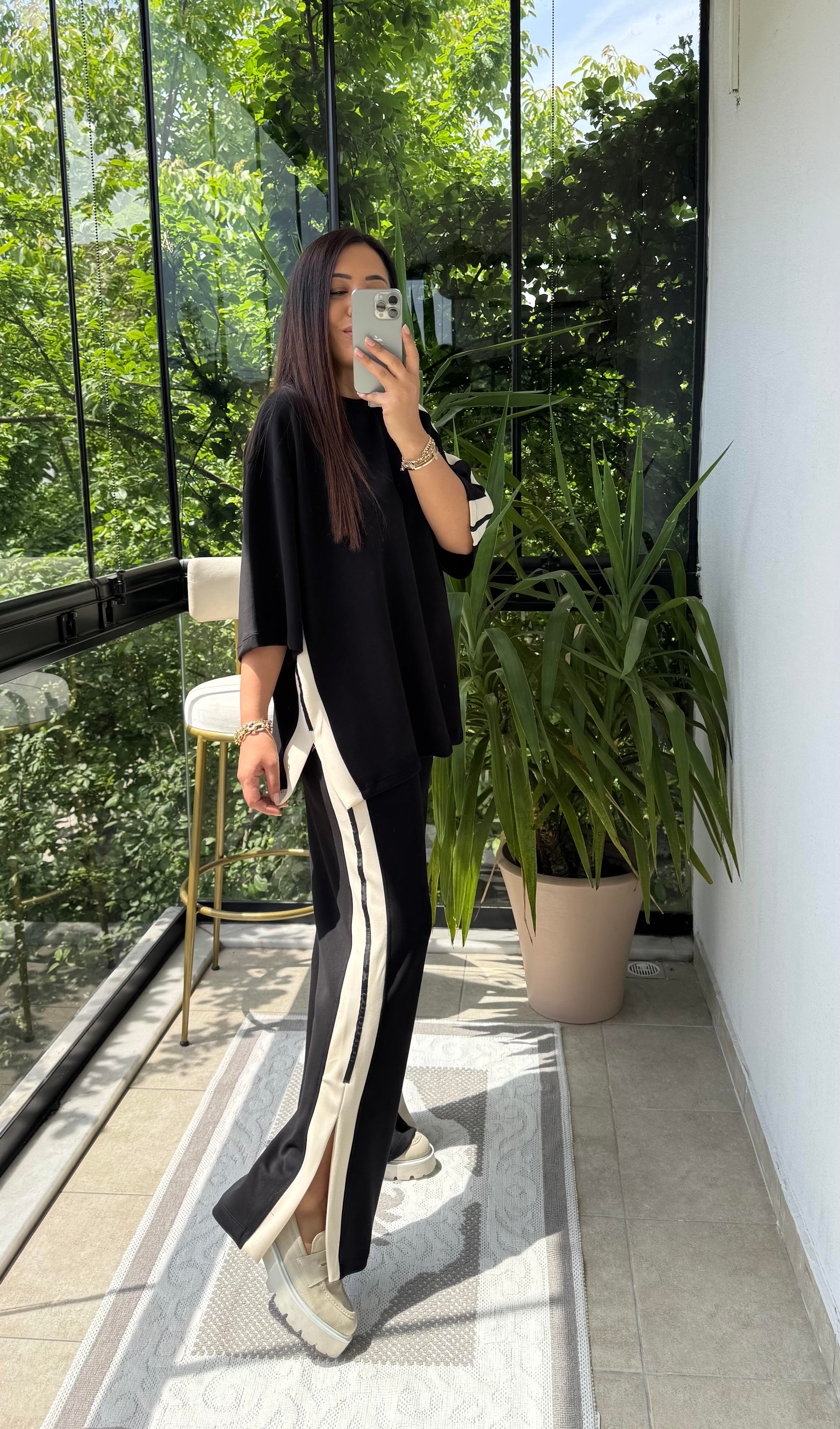 Şeritli Modal Takım Siyah