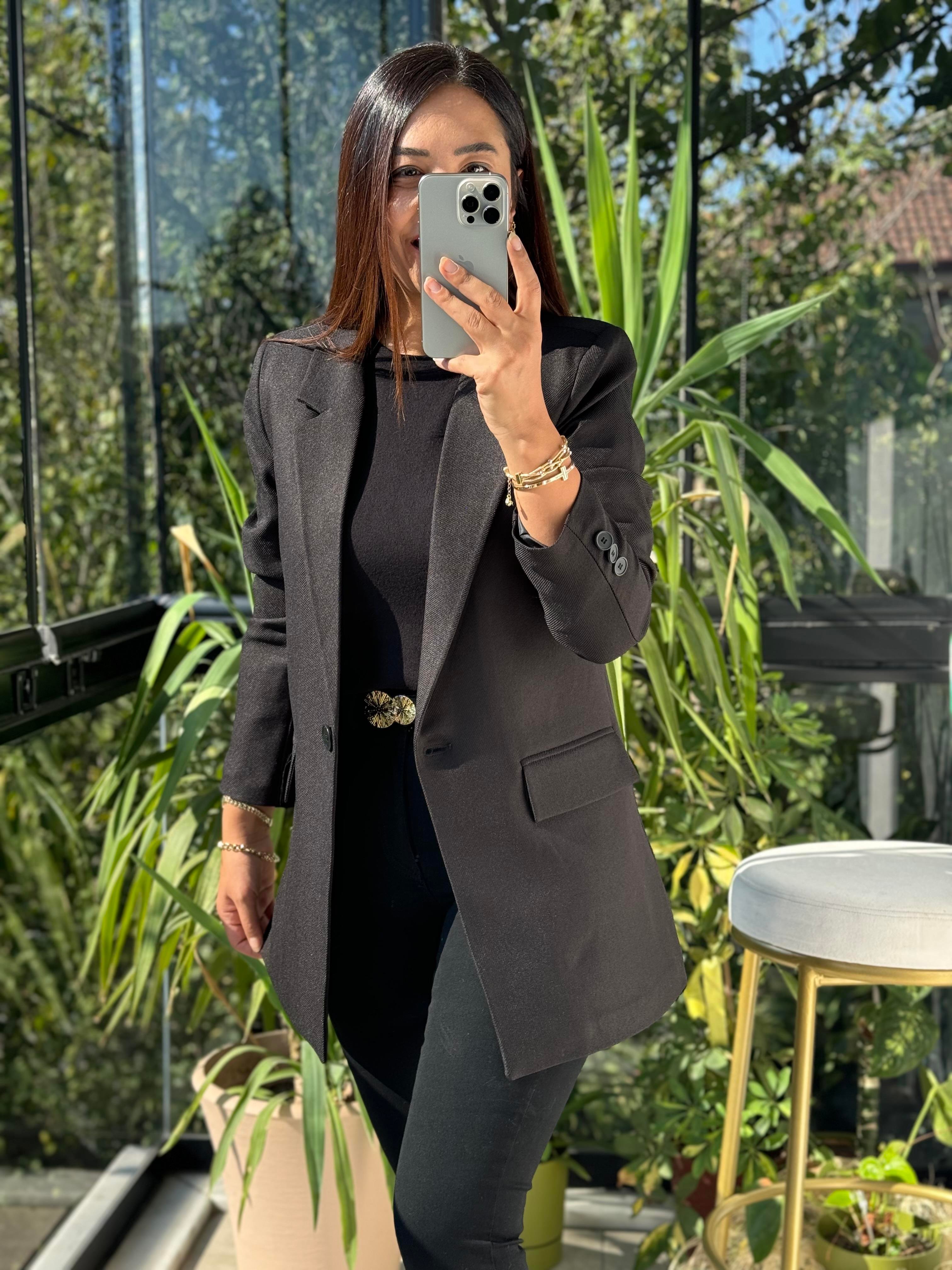 Siyah Yün Efekt Kumaş Blazer Ceket