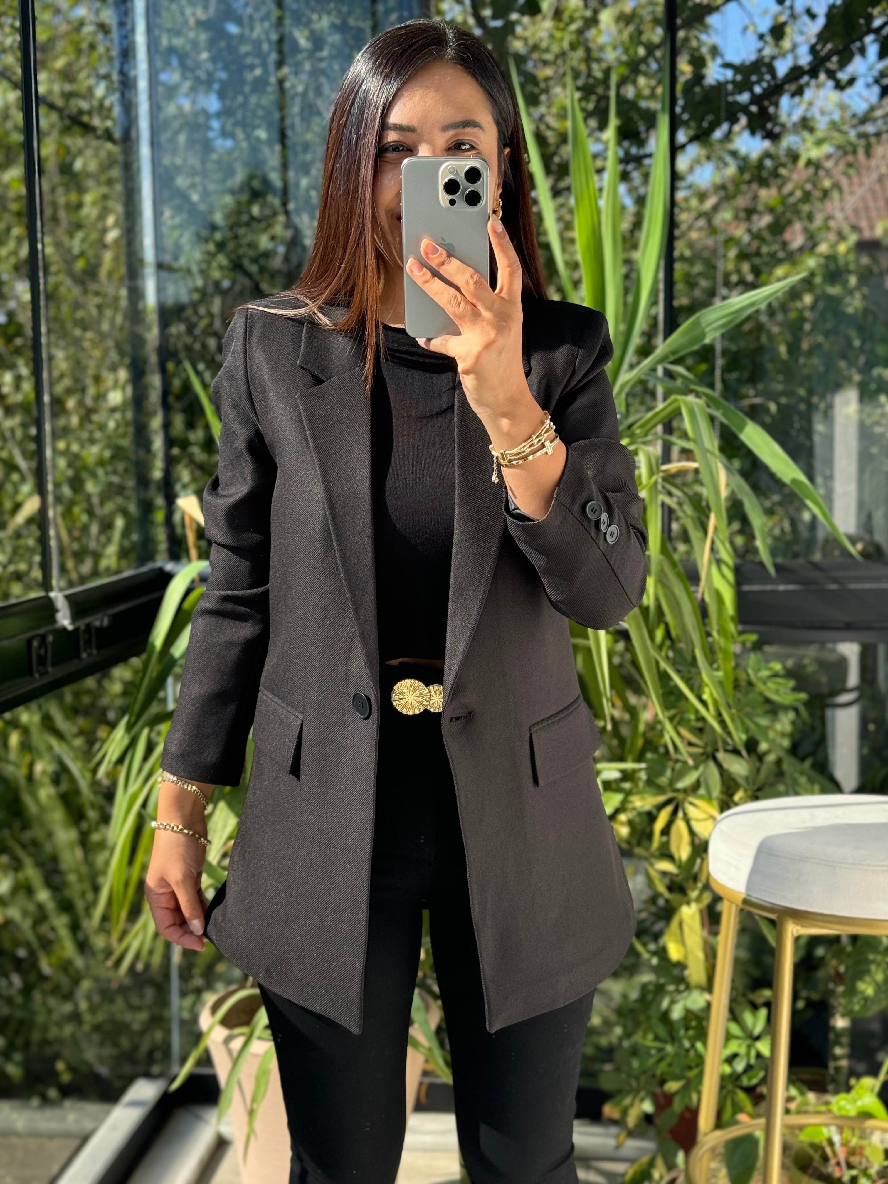 Siyah Yün Efekt Kumaş Blazer Ceket