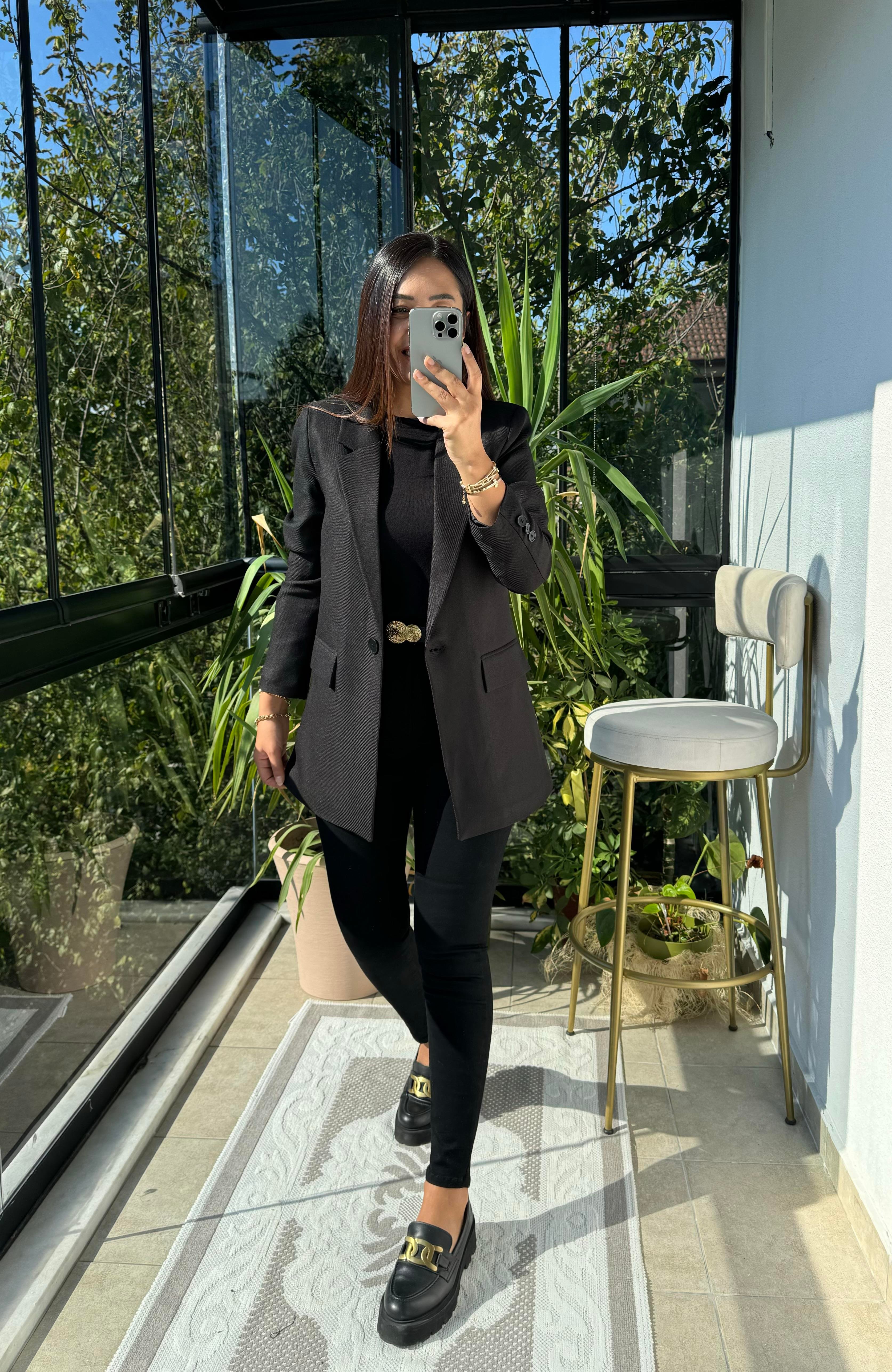 Siyah Yün Efekt Kumaş Blazer Ceket