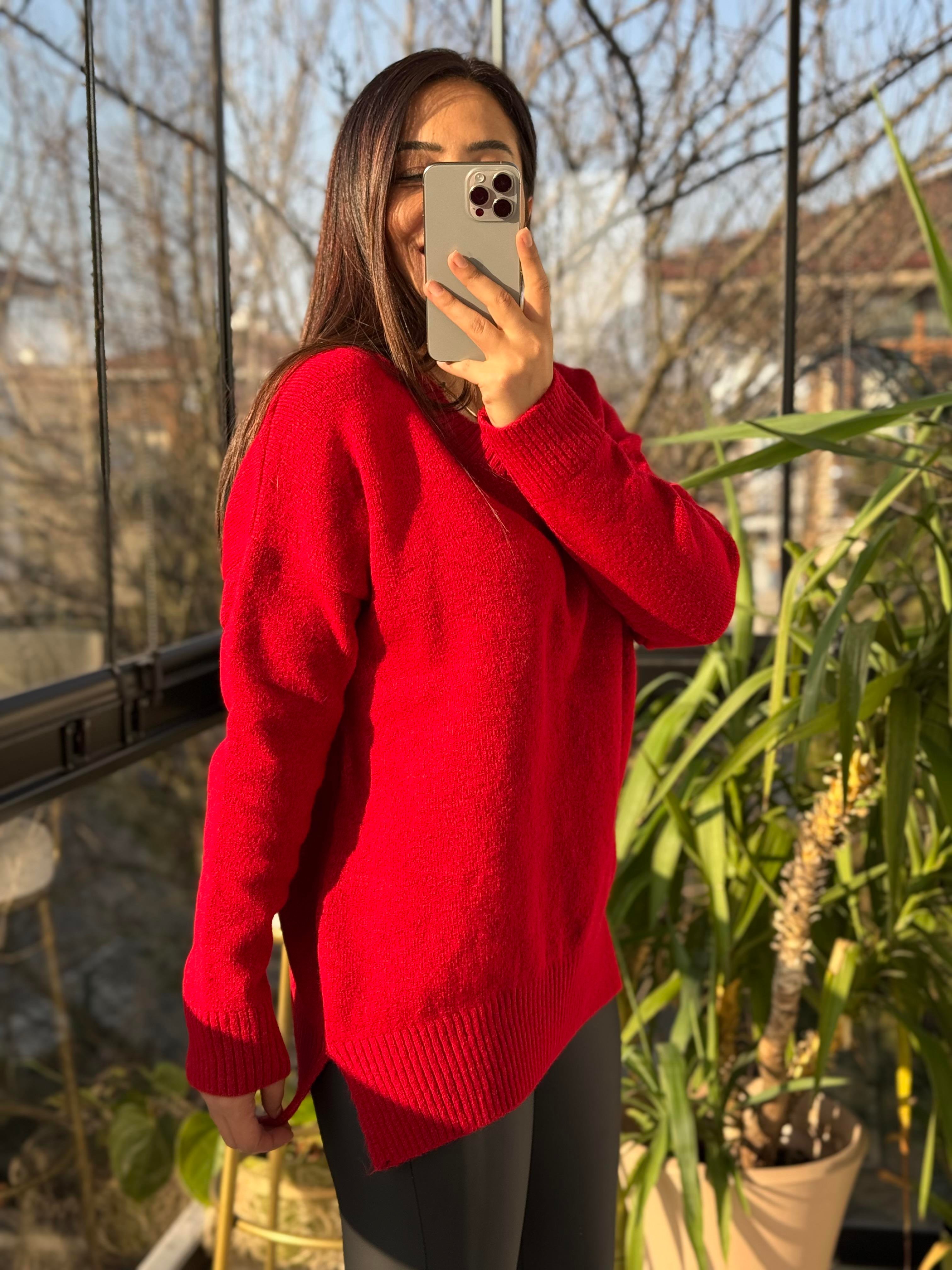 V Yaka Basic Kazak Kırmzı