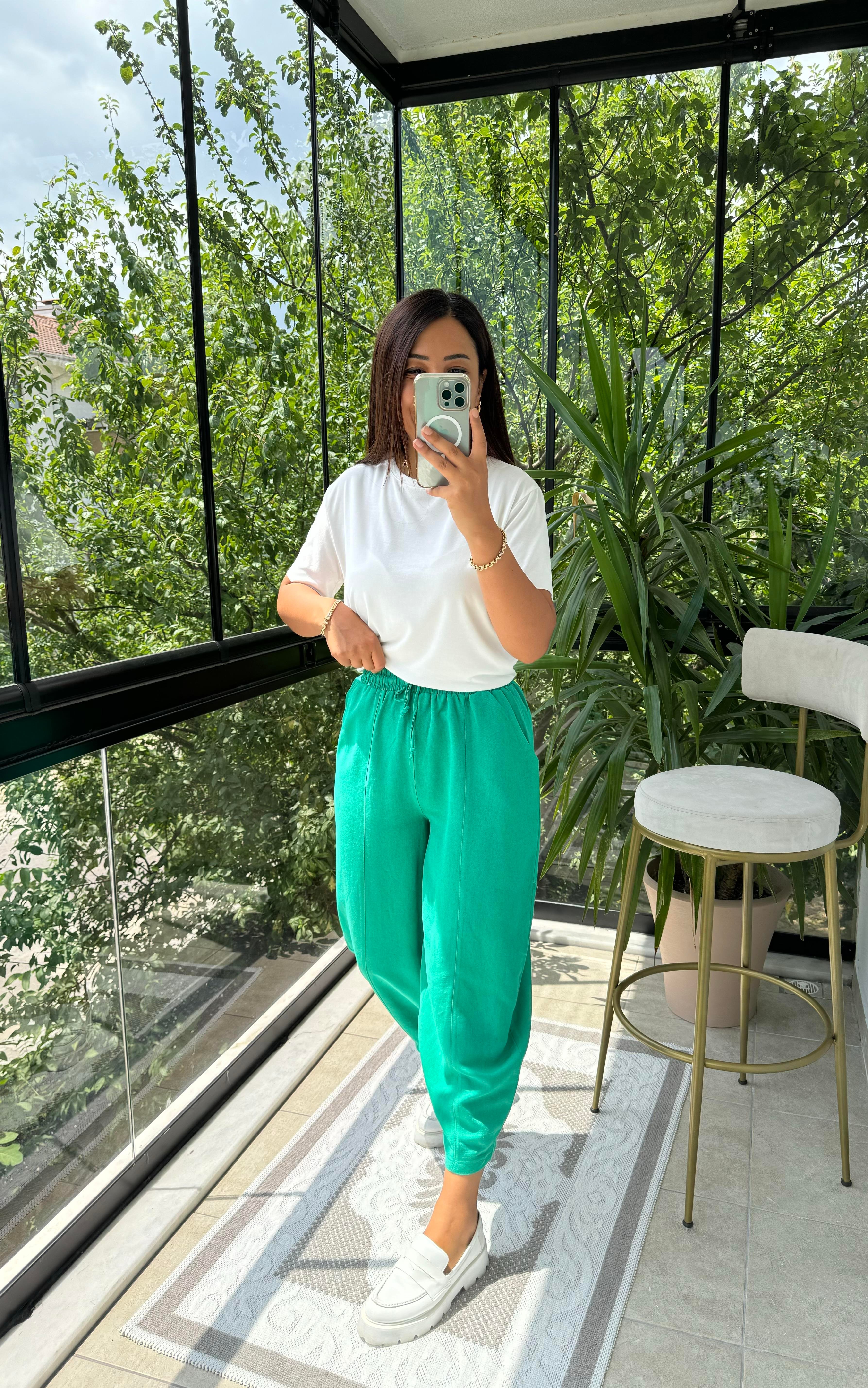 Yeşil Şalvar Keten Pantolon