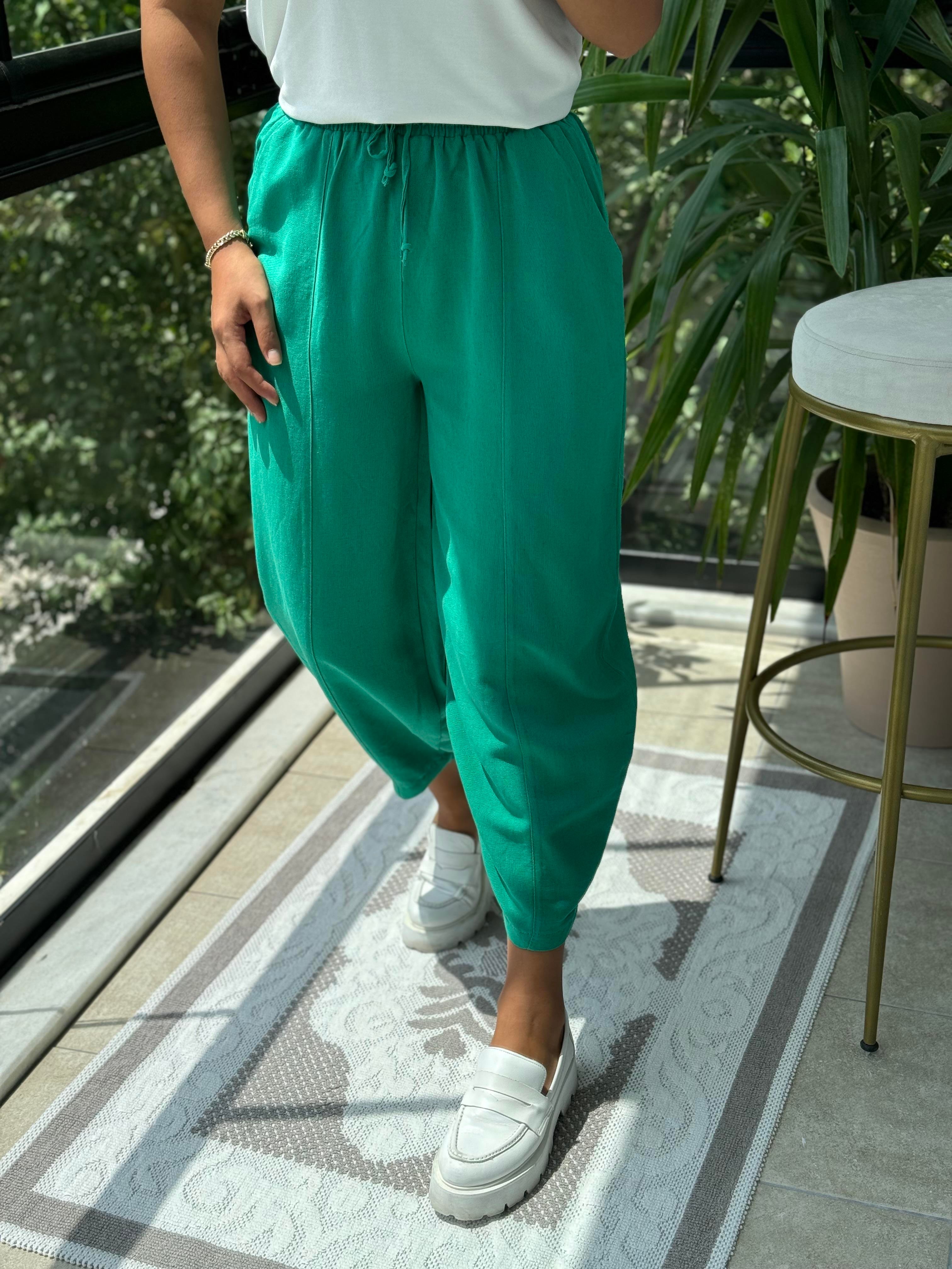 Yeşil Şalvar Keten Pantolon