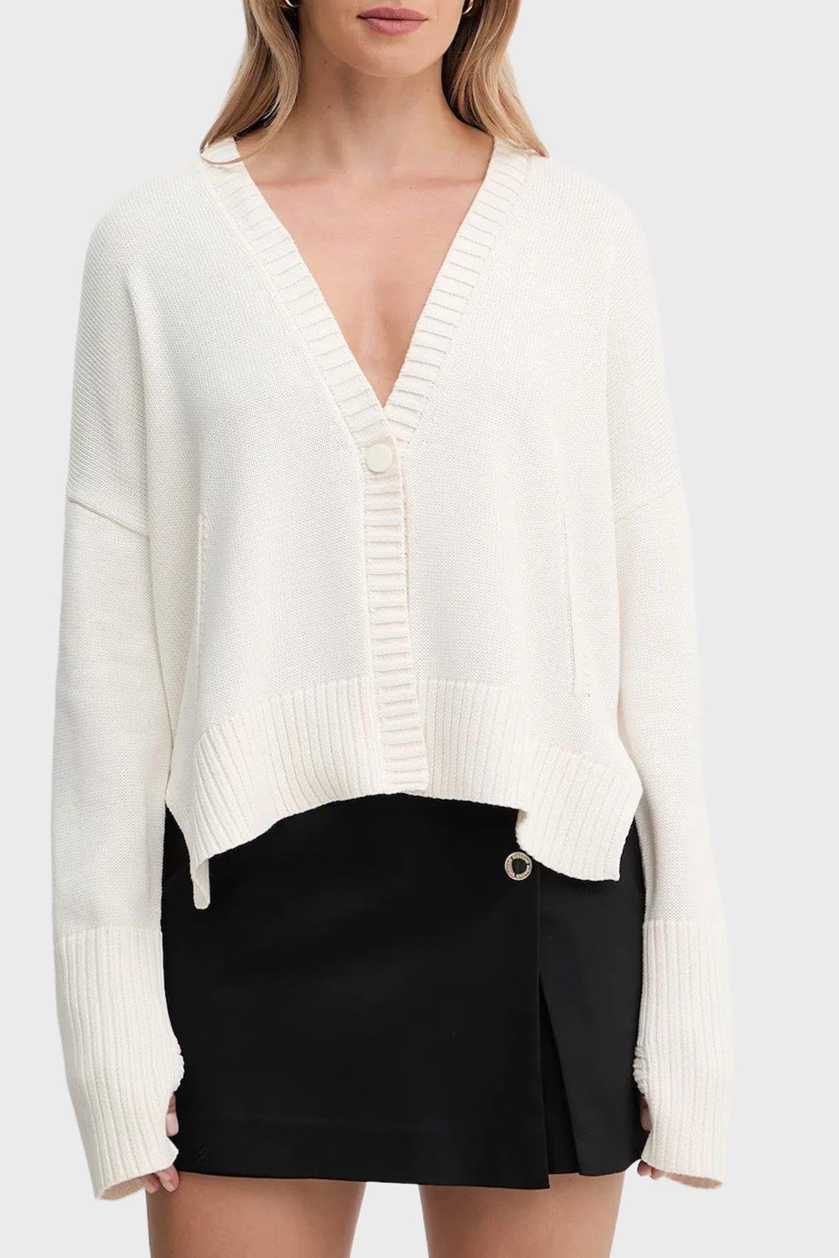 Armani Exchange Armani Exchange Kadın %100 Pamuklu Normal Kalıp V Yaka Nervür Detaylı Uzun Kollu Ekru Hırka XW001304 AF16552-U1003