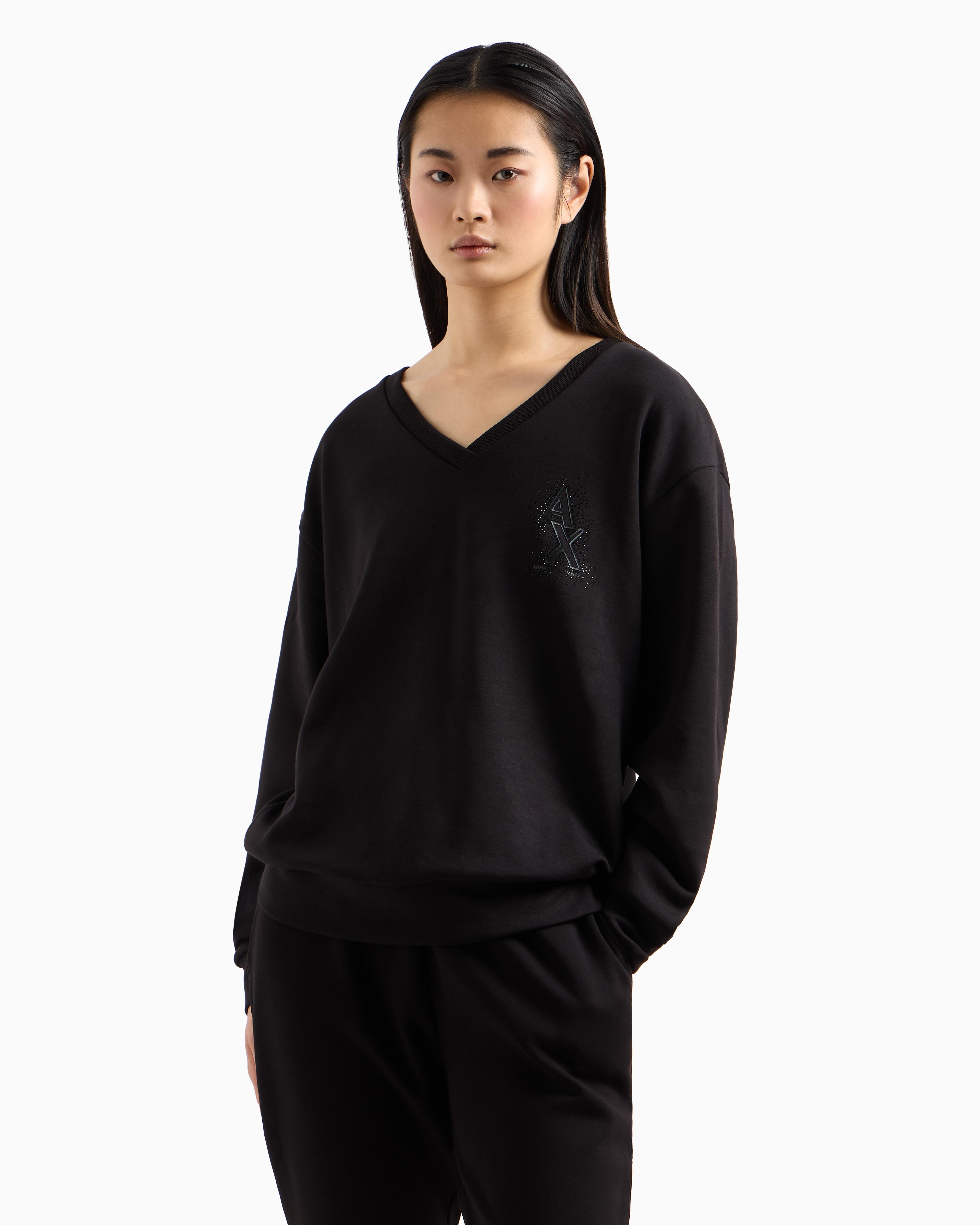 ARMANI EXCHANGE Armani Exchange Kadın Rahat Kalıp V Yaka Yapay Elmas İşlemeli AX Logolu Uzun Kollu Siyah Sweatshirt XW000093 AF10804-UC001