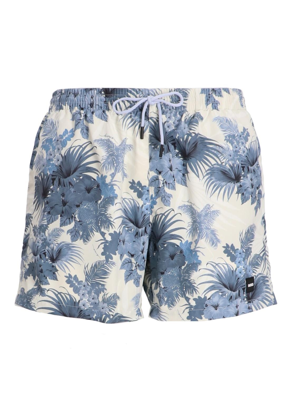 BOSS BOSS Erkek İki Yan Yırtmaçlı Cep Yaprak Desenli Mavi Mayo 50508844-483