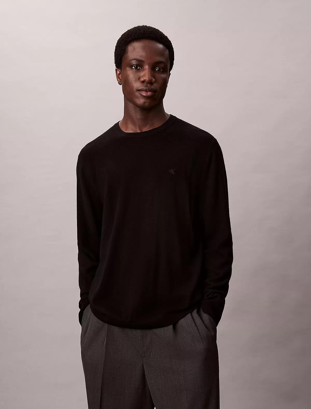 Calvin Klein Calvin Klein Erkek %100 Yün Normal Kalıp Ribanalı Yuvarlak Yaka Ck Logo Kabartmalı Uzun Kollu Örme Siyah Kazak LV04LB305G-UB1