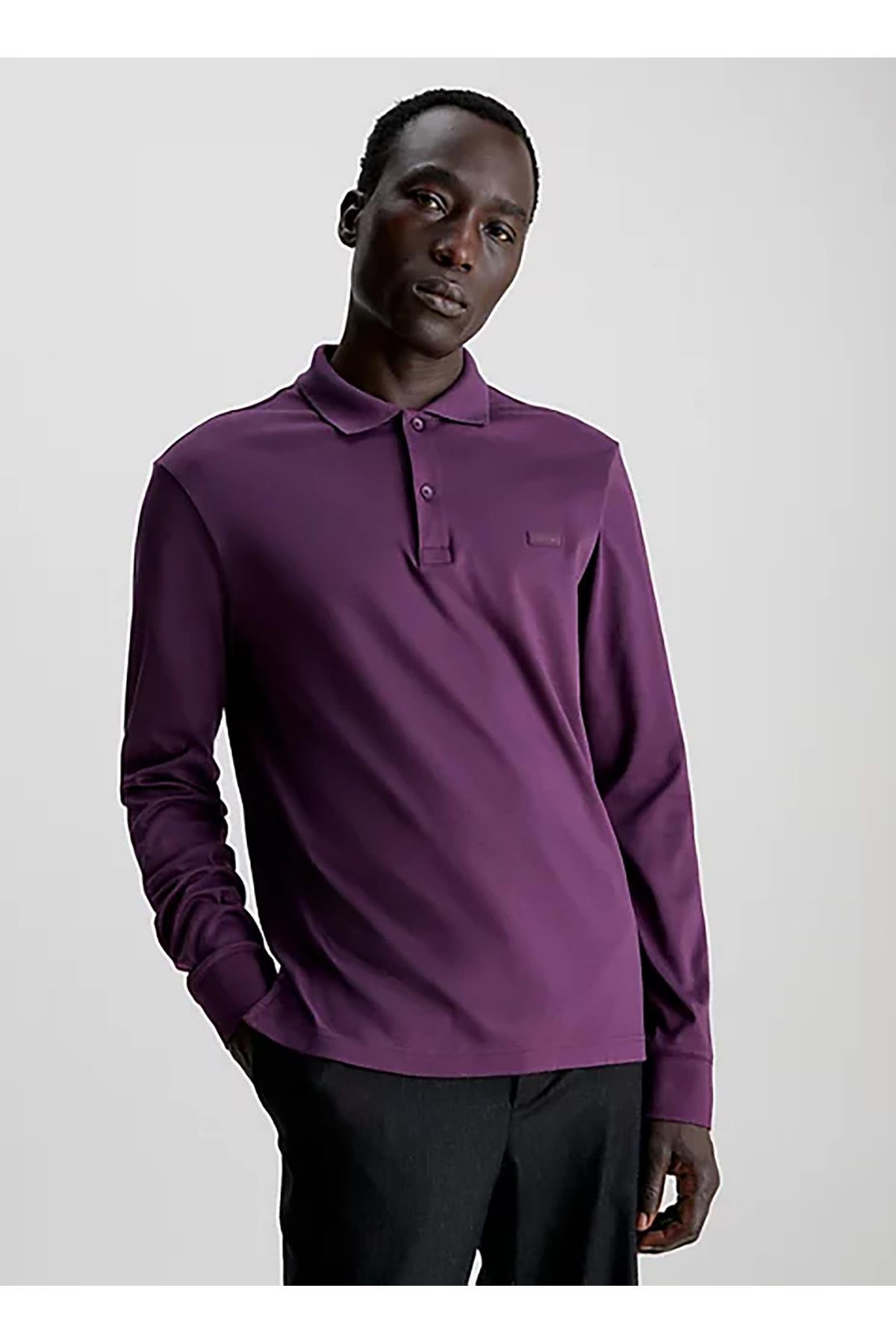 Calvin Klein Calvin Kleın Erkek Polo Yaka Uzun Kollu Pamuklu Rahat Kesim Mor Polo Yaka T-Shirt K10K111868-VDS
