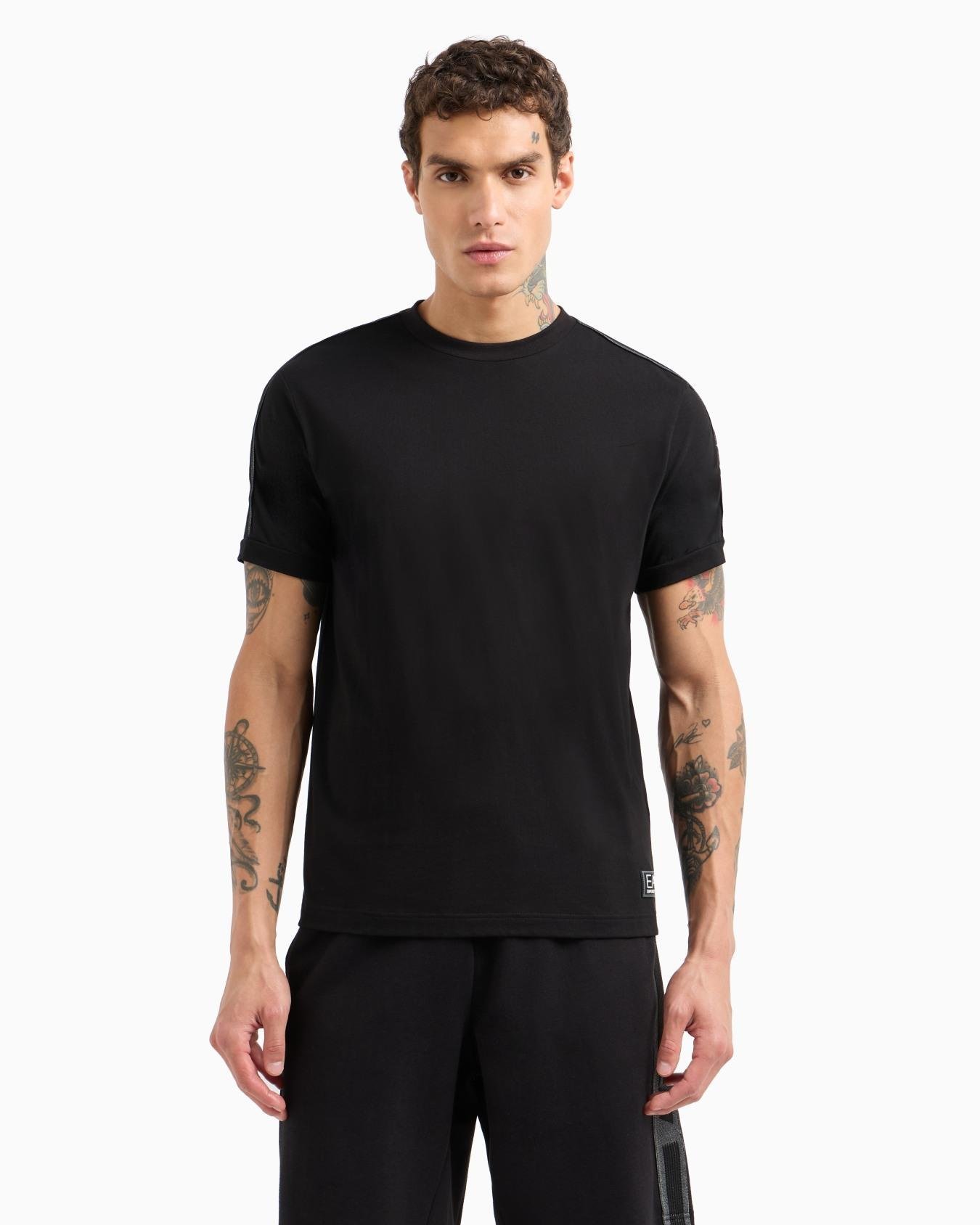 Ea7 Ea7 Erkek Omuzları Şerit Çizgili EA7 Logolu Regular Fit Yuvarlak Yaka Kısa Kollu Siyah T-Shirt 7M000138 AF10375-UC001