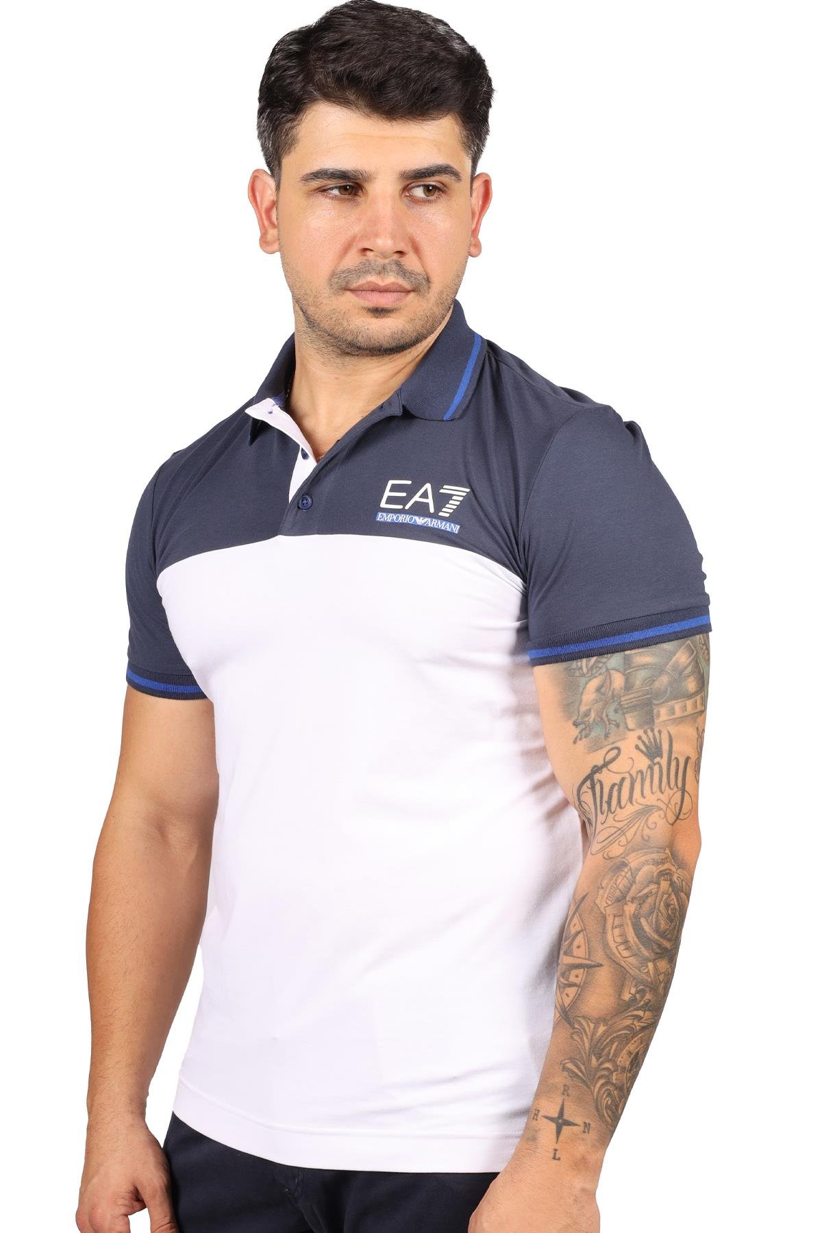 Ea7 Ea7 Erkek Polo Yaka Regular Fit Pamuklu Kısa Kollu Beyaz Polo Yaka T-Shirt 3LPF12 PJAMZ-1100