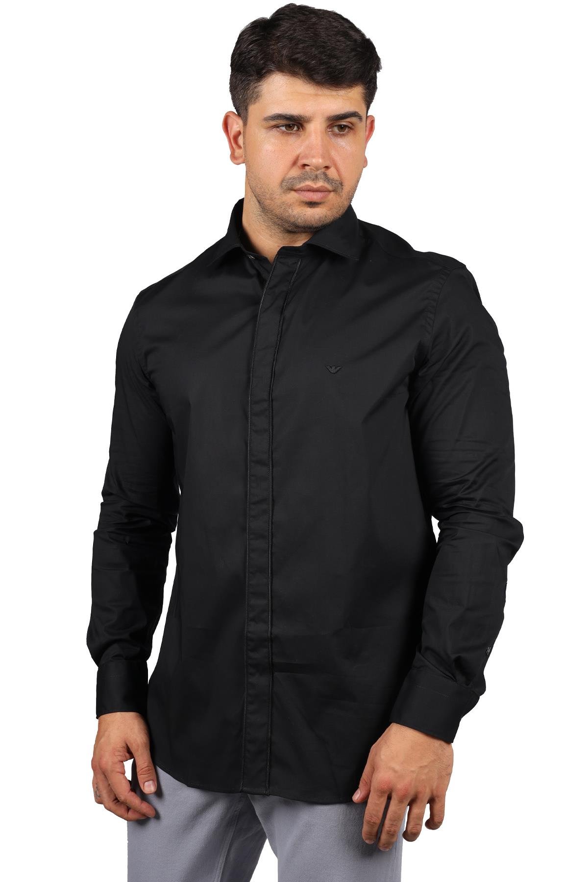 Emporio Armani Emporıo Armani Erkek Uzun Kol Normal Gömlek Yaka Günlük Siyah Gömlek 3R1CN6 1K01Z-0090