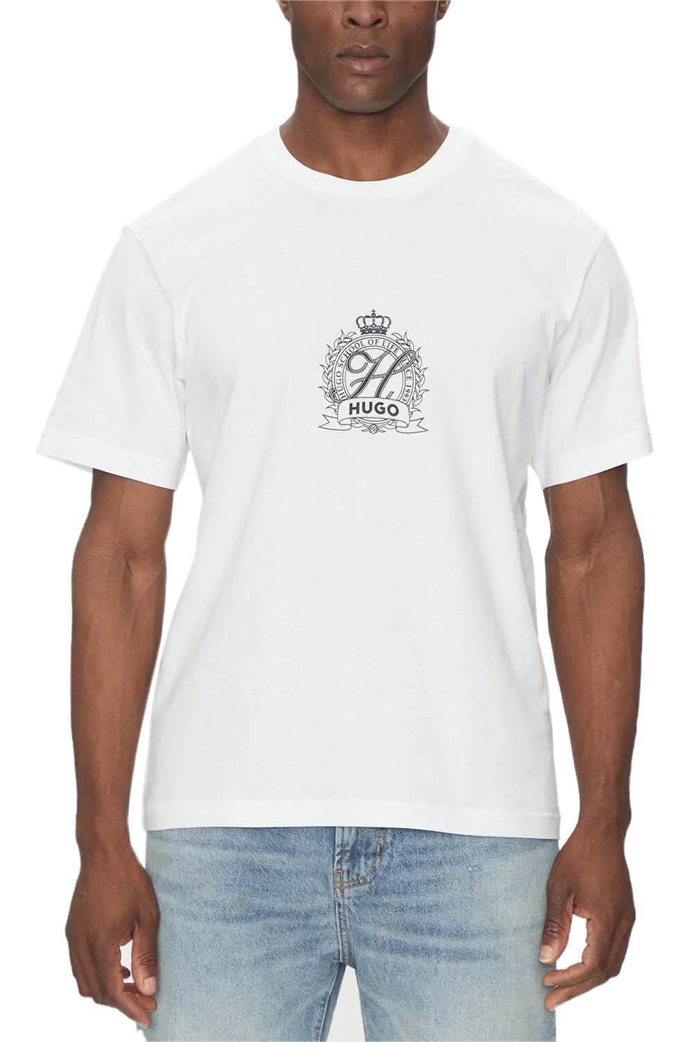 HUGO HUGO Erkek Regular Fit Göğüste İşlemeli Logo Desenli Yuvarlak Yaka Kısa Kollu Pamuklu Beyaz T-Shirt 50538246-100