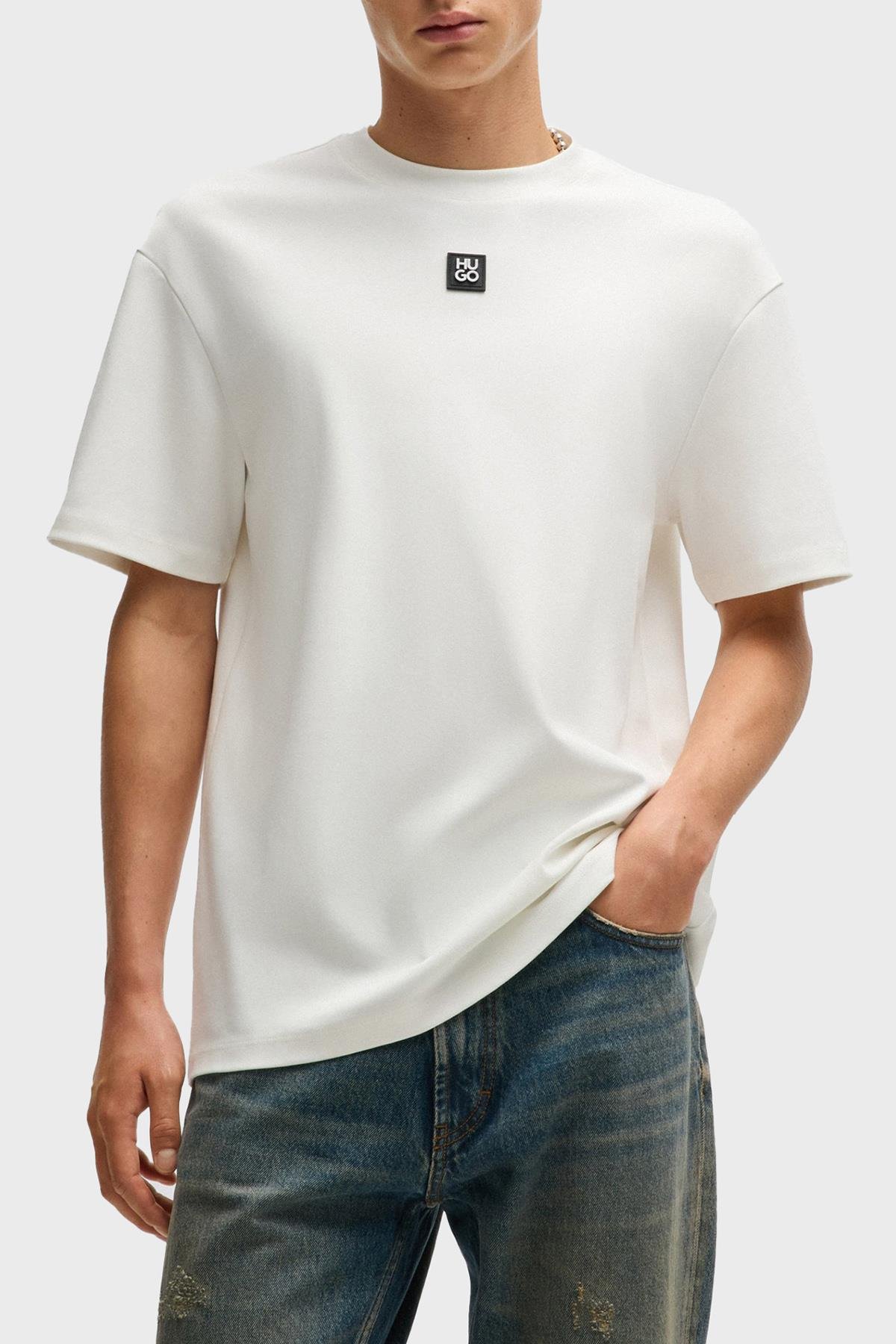 HUGO HUGO Erkek Sıfır Yaka Marka Logolu Beyaz T-Shirt 50505201-102