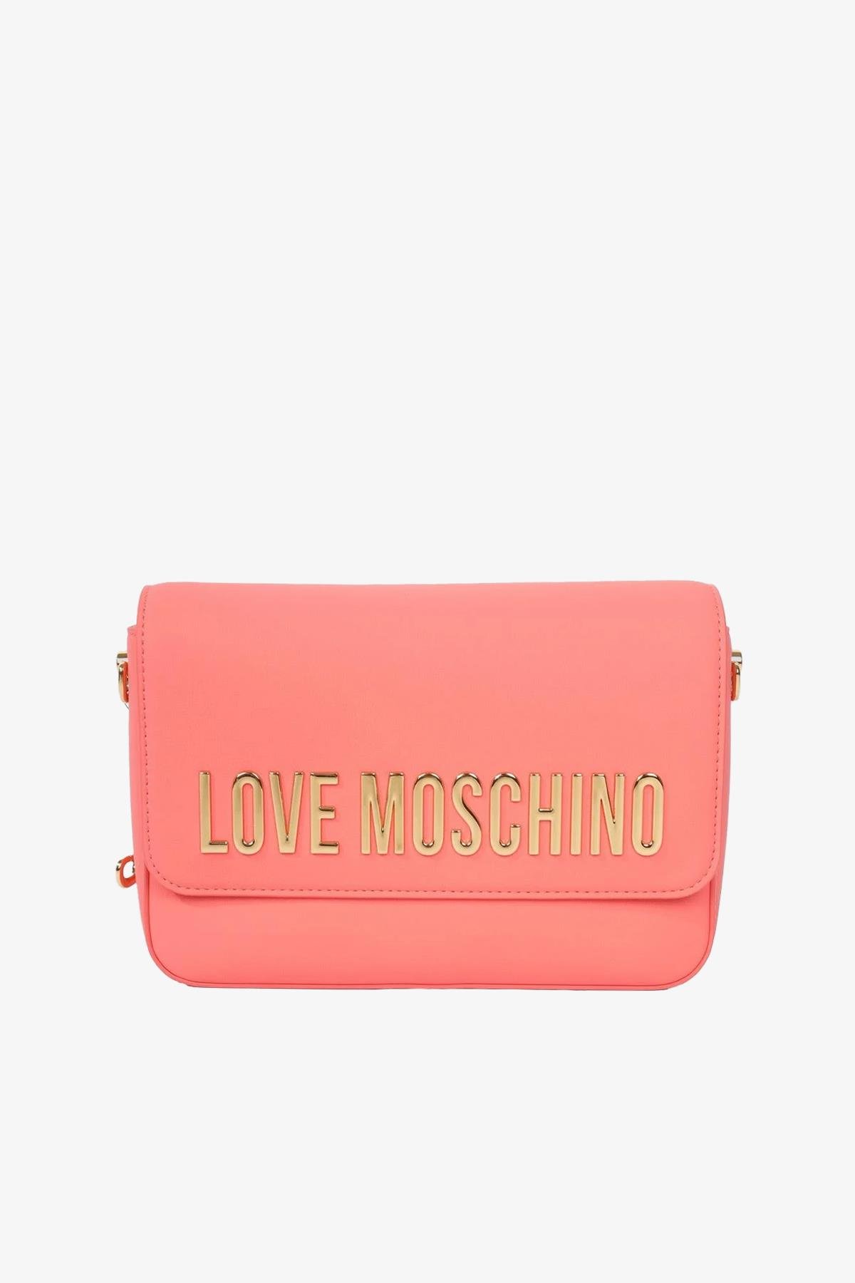 Love Moschino Love Moschino Kadın Deri Üzeri Logo Desenli Fermuar Kapamalı İç bölmeli Mercan Omuz Çantası JC4023PP1MKD0-464