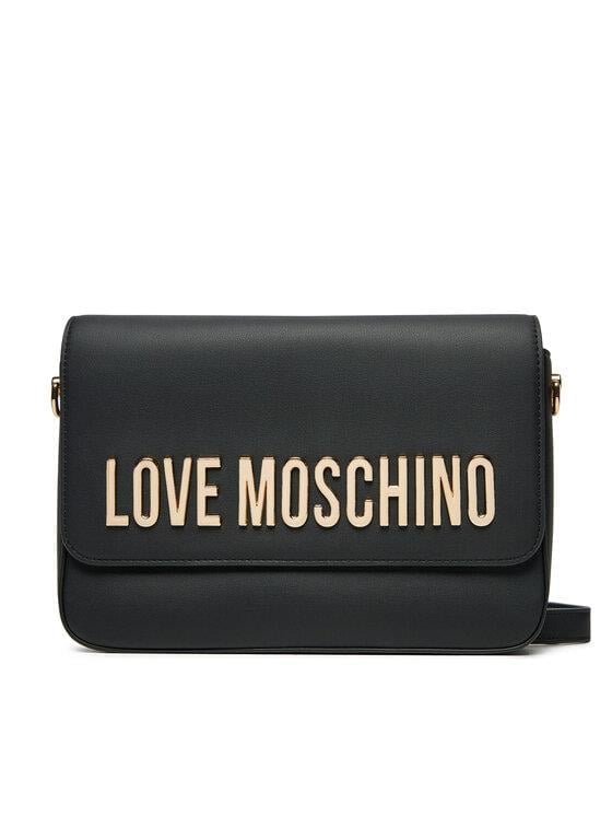 Love Moschino Love Moschino Kadın Deri Üzeri Logo Desenli Fermuar Kapamalı İç bölmeli Siyah Omuz Çantası JC4023PP1MKD0-000