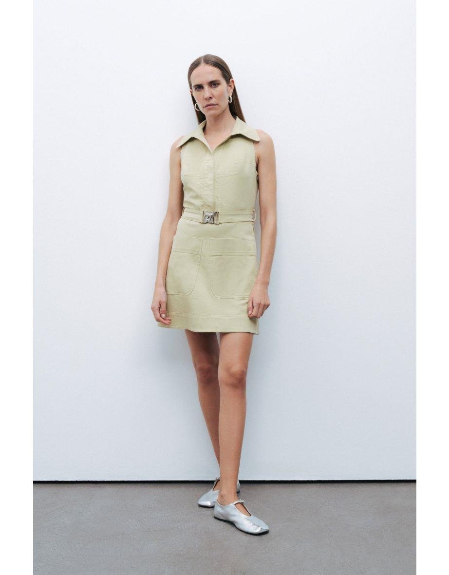 Nocturune Nocturune Kadın Çentikli Yaka Beli Kemer Detaylı Cepli Kısa Yeşil Elbise N25YN2484-Y.YEŞİL