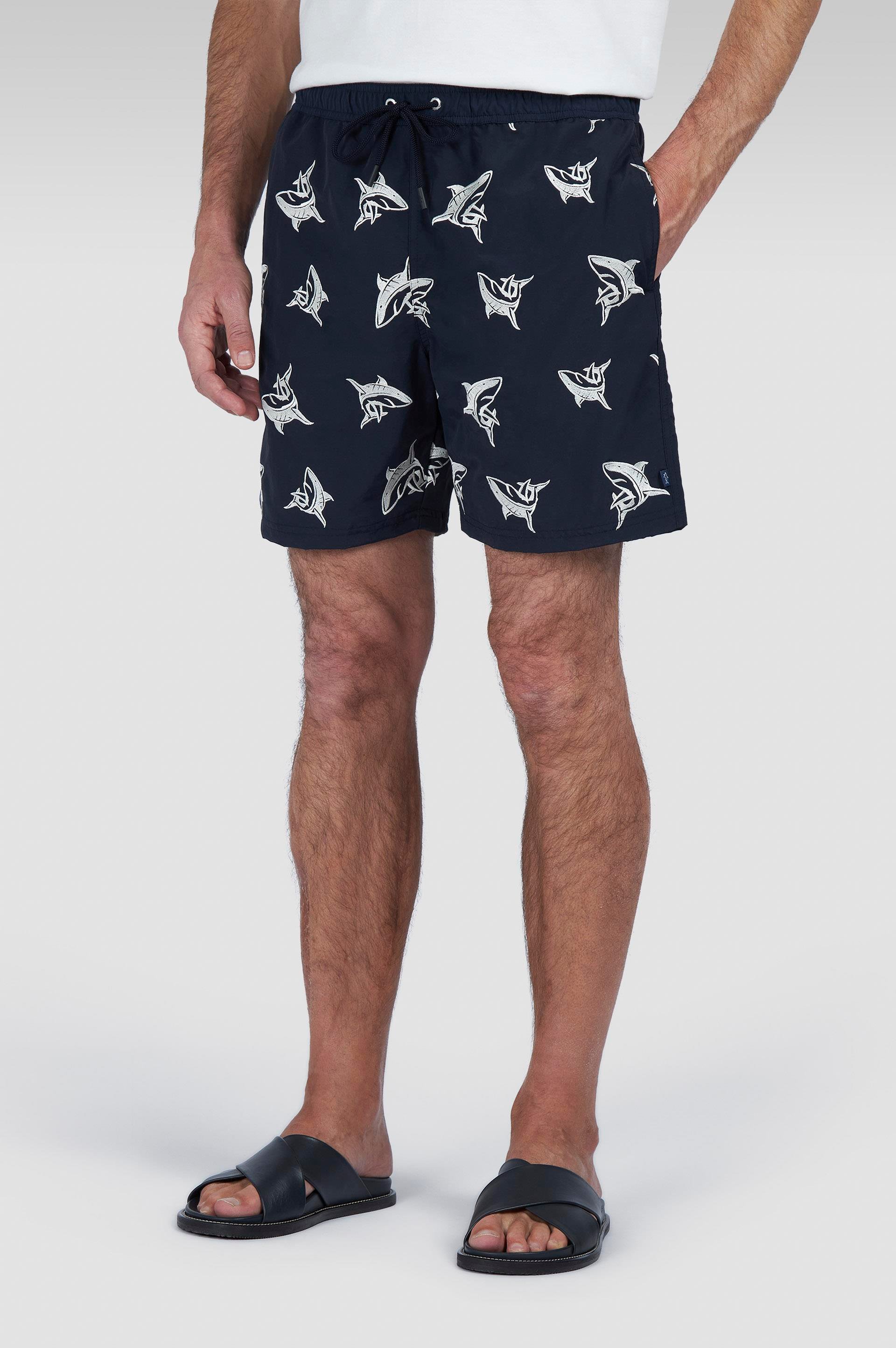 Paul Shark Paul Shark Erkek Beli Lastikli Shark Desenli Lacivert-Beyaz Deniz Şortu 25415055A-D13
